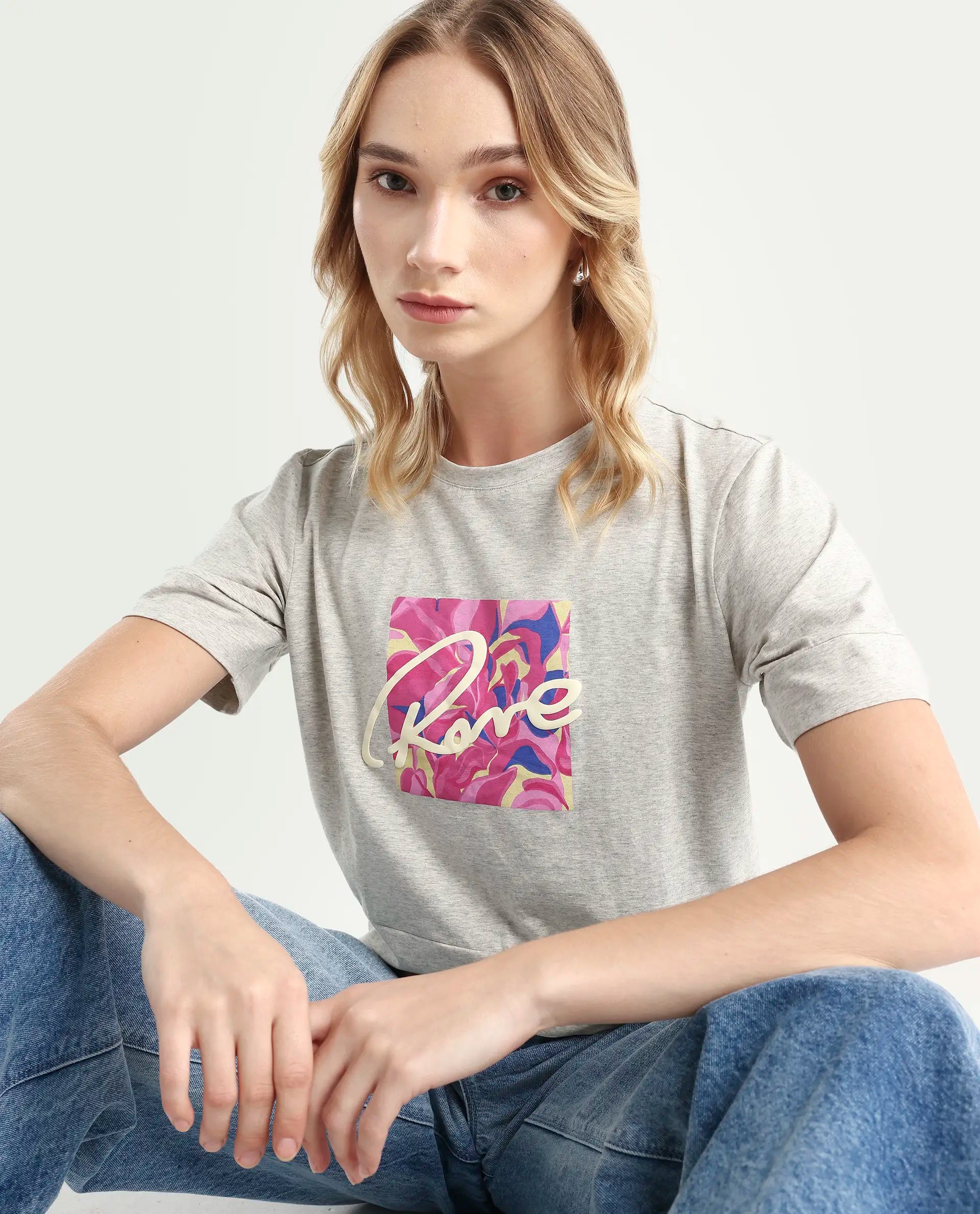 Rareism Women's Sandre Melange Grey Cotton Blend Crew Neck Graphic Print Regular Fit T-Shirt