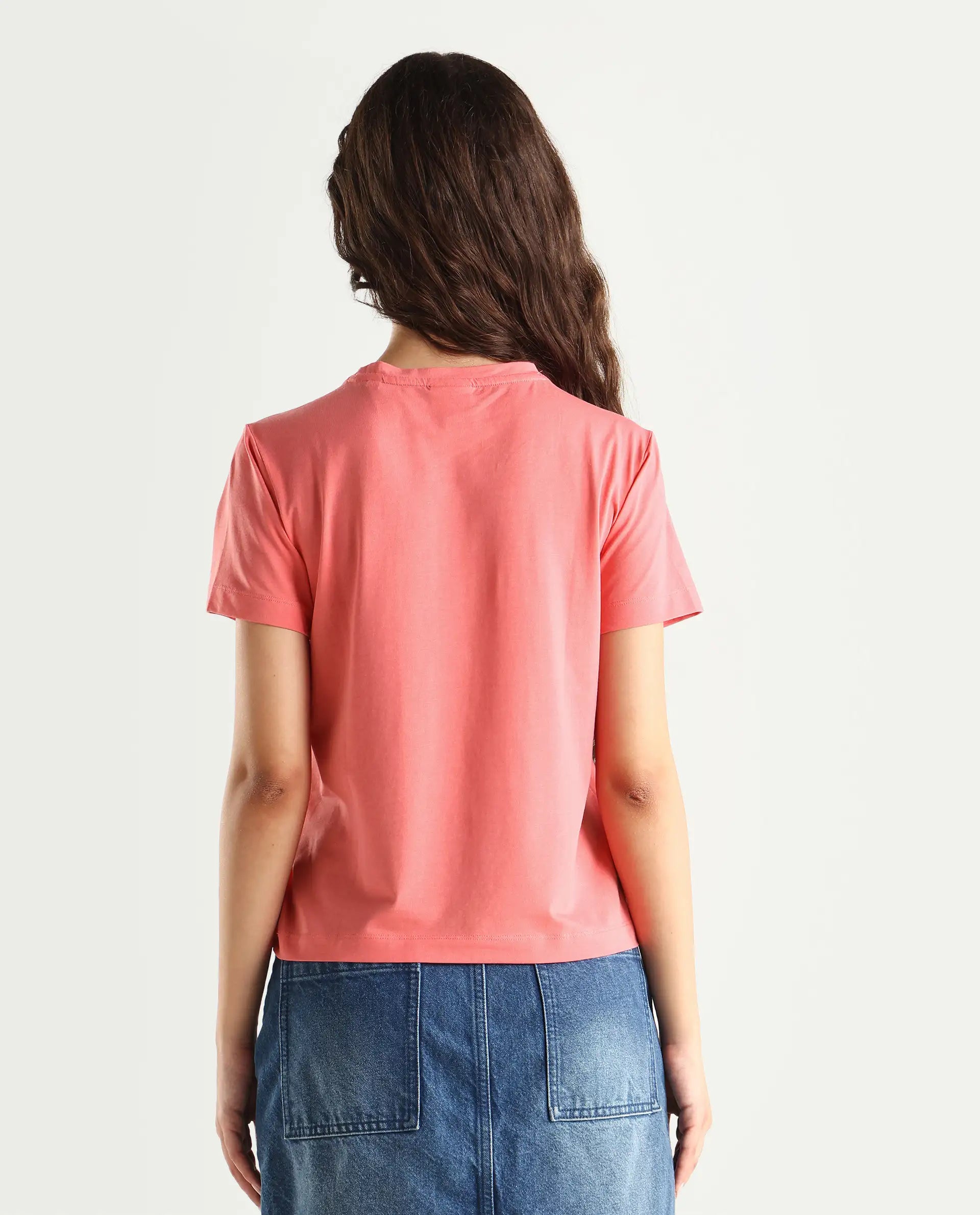Rareism Women's Strudant Peach Cotton Blend Crew Neck Graphic Print Regular Fit T-Shirt
