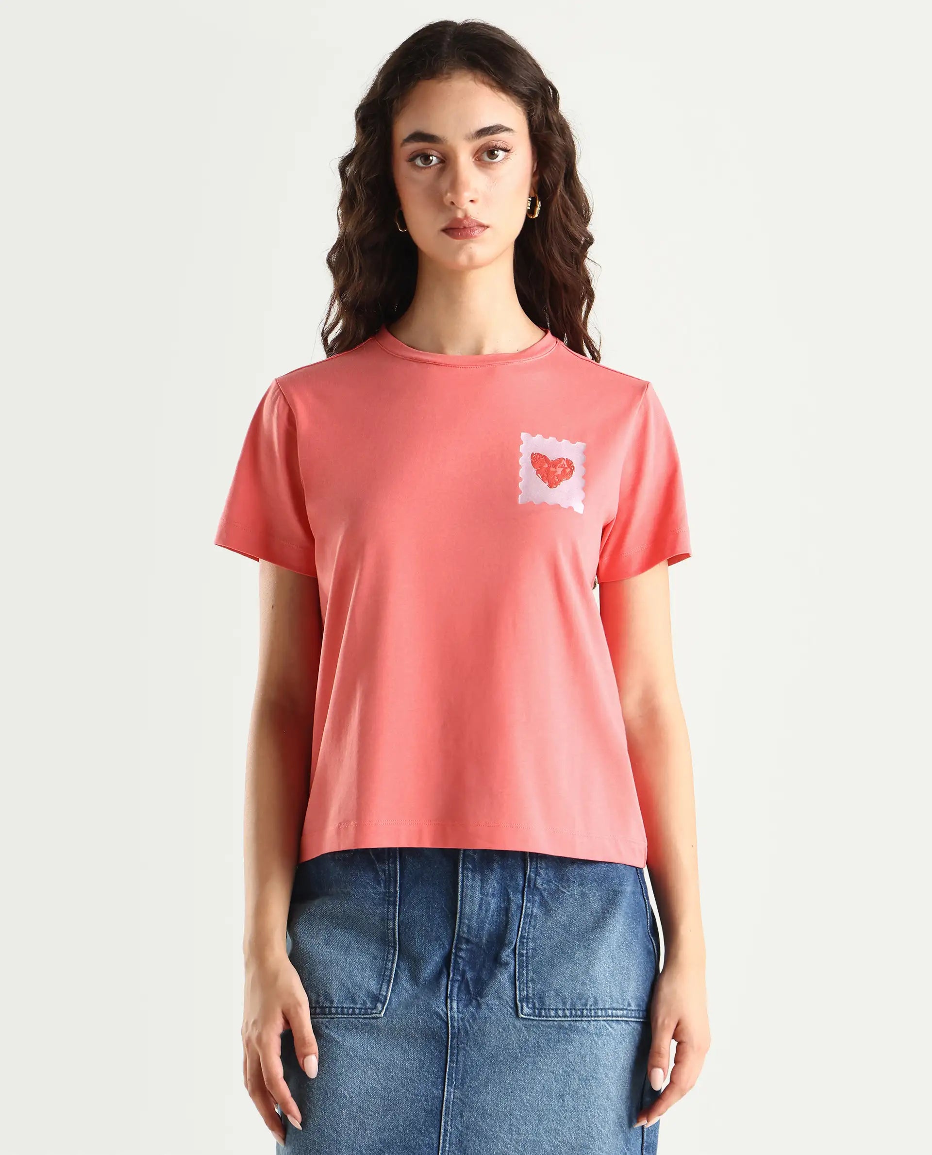 Rareism Women's Strudant Peach Cotton Blend Crew Neck Graphic Print Regular Fit T-Shirt