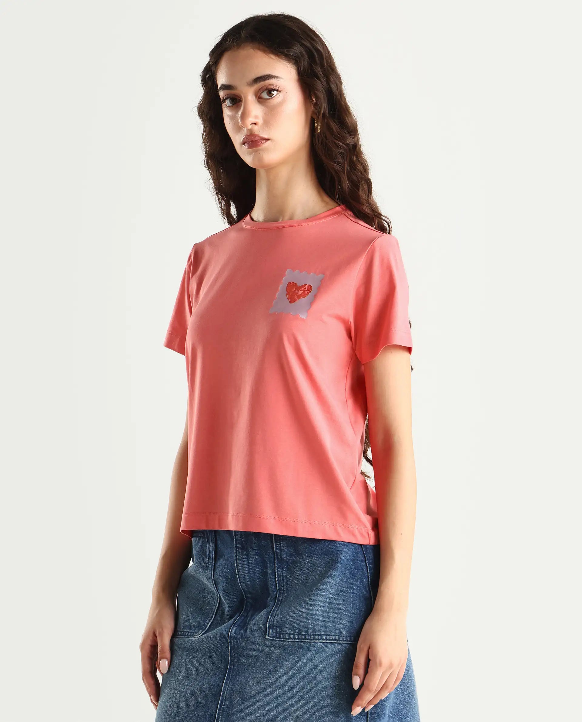 Rareism Women's Strudant Peach Cotton Blend Crew Neck Graphic Print Regular Fit T-Shirt
