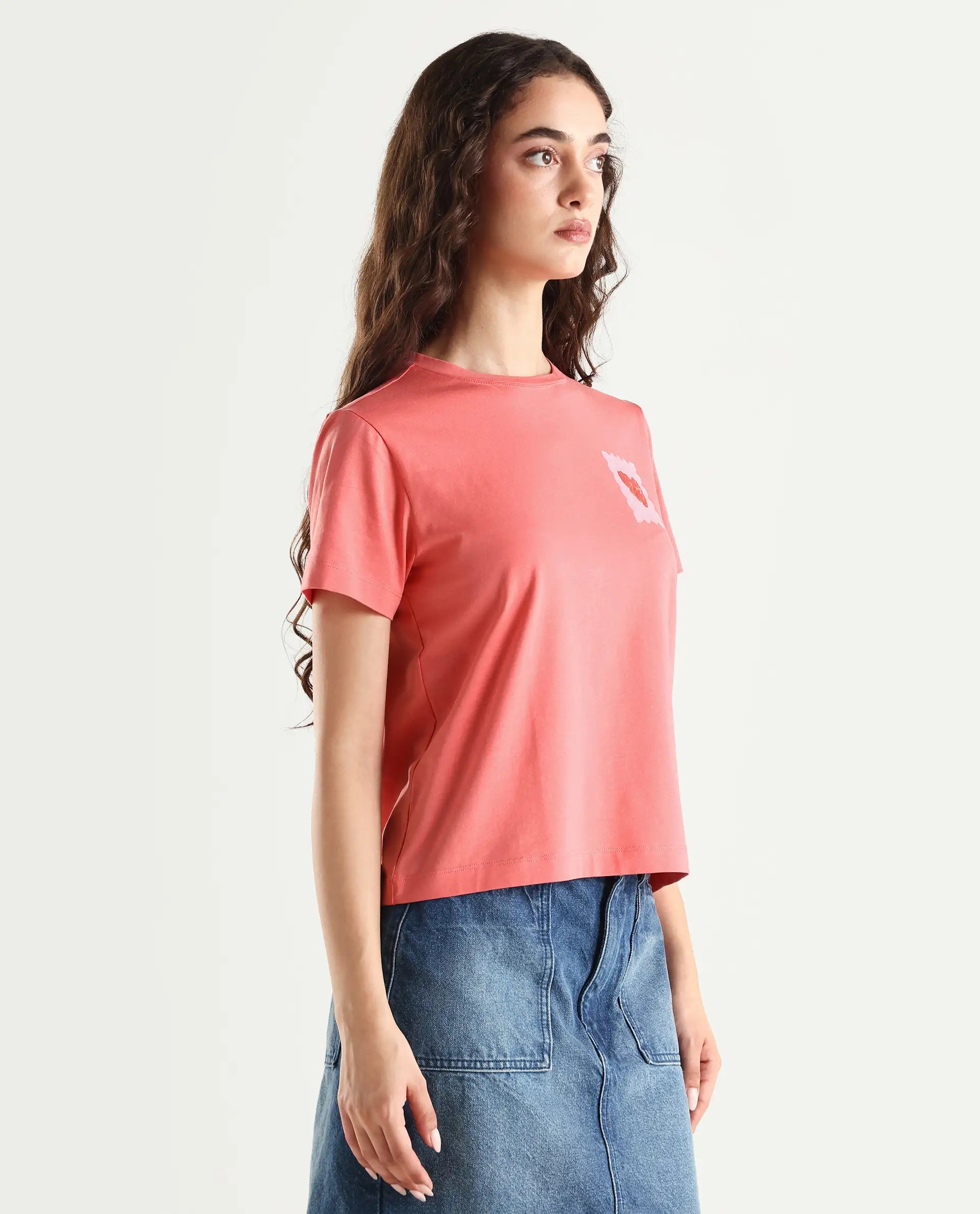 Rareism Women's Strudant Peach Cotton Blend Crew Neck Graphic Print Regular Fit T-Shirt