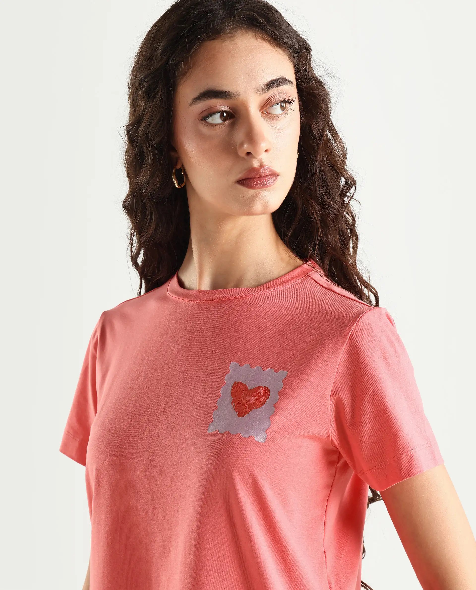 Rareism Women's Strudant Peach Cotton Blend Crew Neck Graphic Print Regular Fit T-Shirt