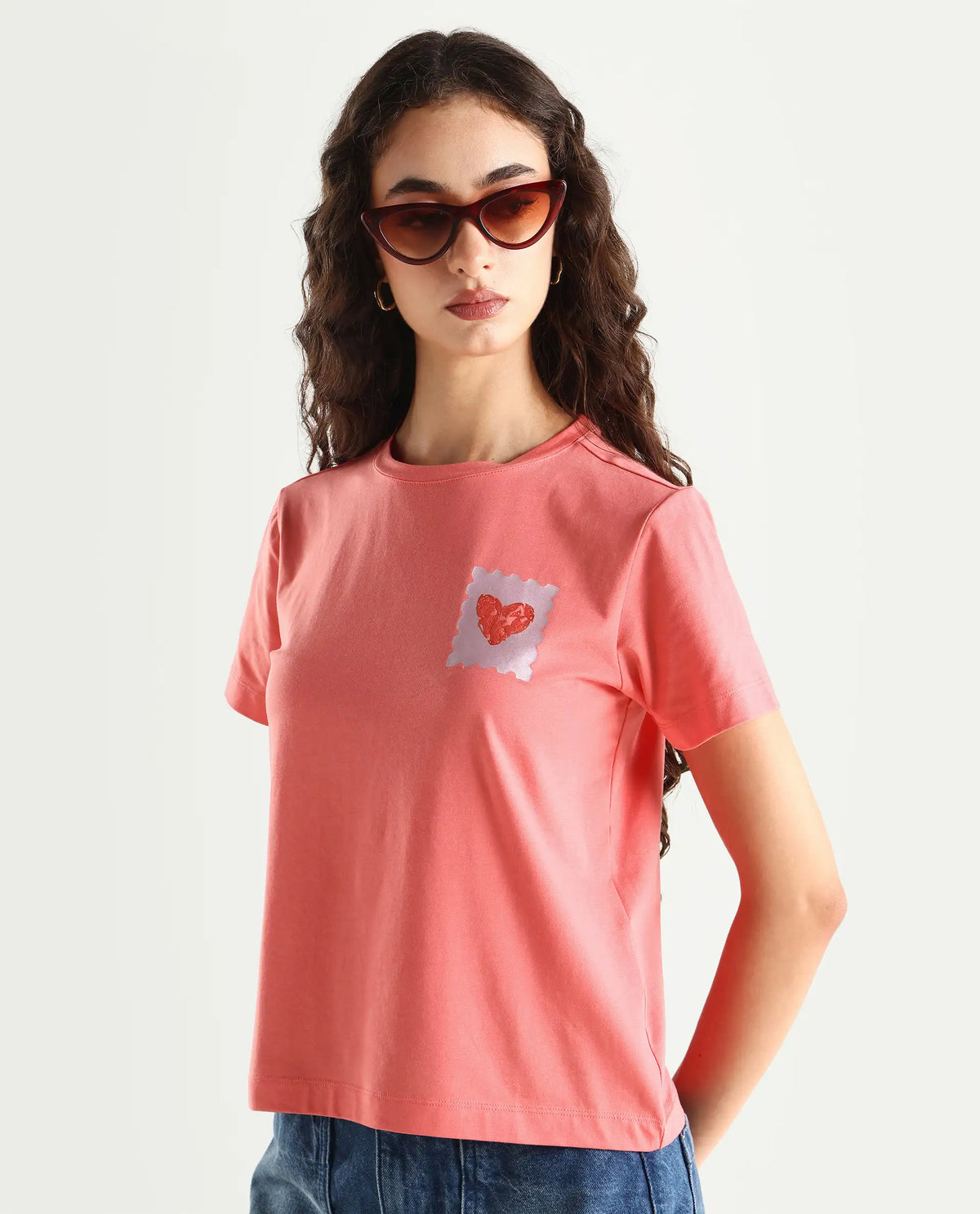 Rareism Women's Strudant Peach Cotton Blend Crew Neck Graphic Print Regular Fit T-Shirt