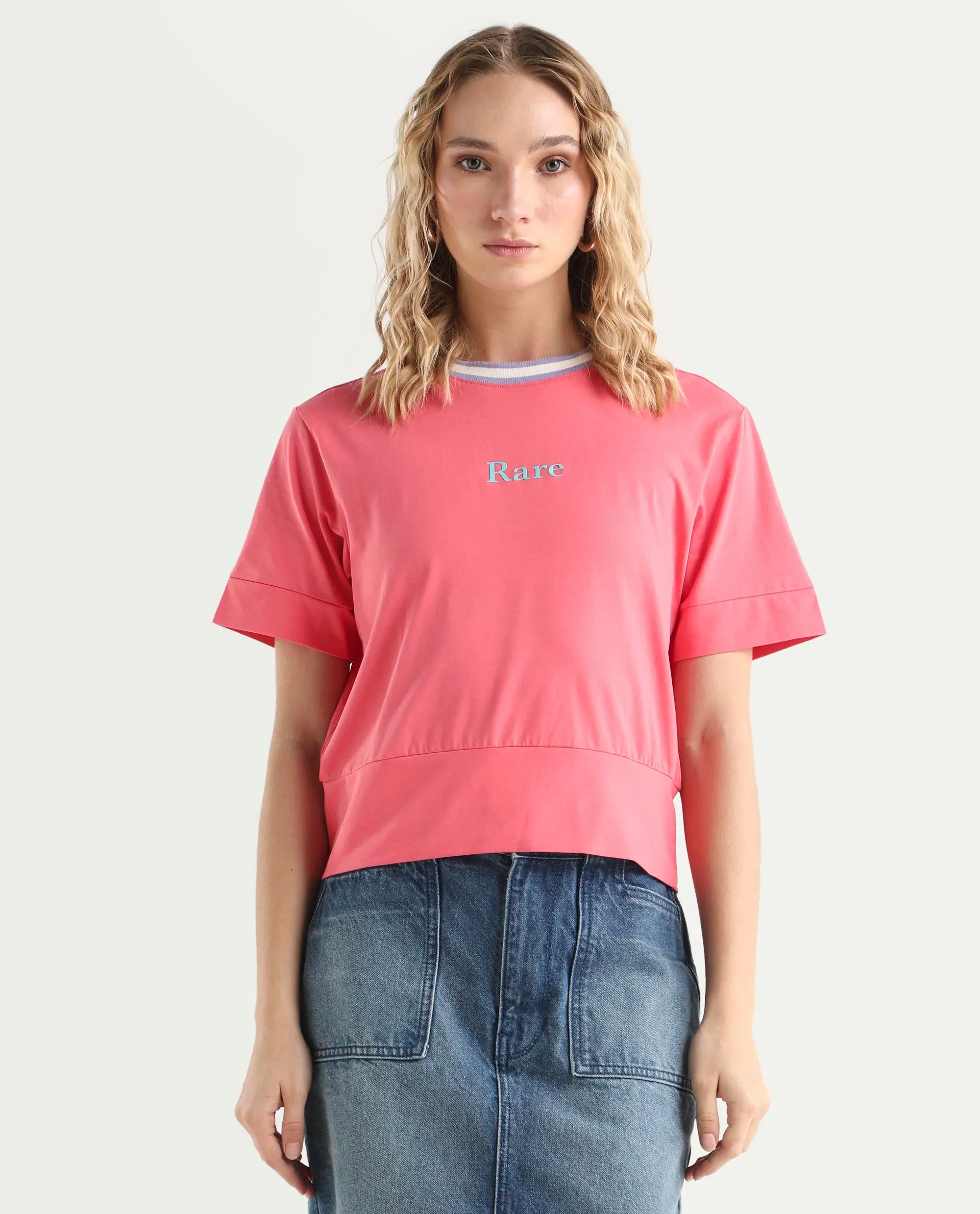 Rareism Women's Eliza Peach Cotton Blend Crew Neck Graphic Print Regular Fit T-Shirt