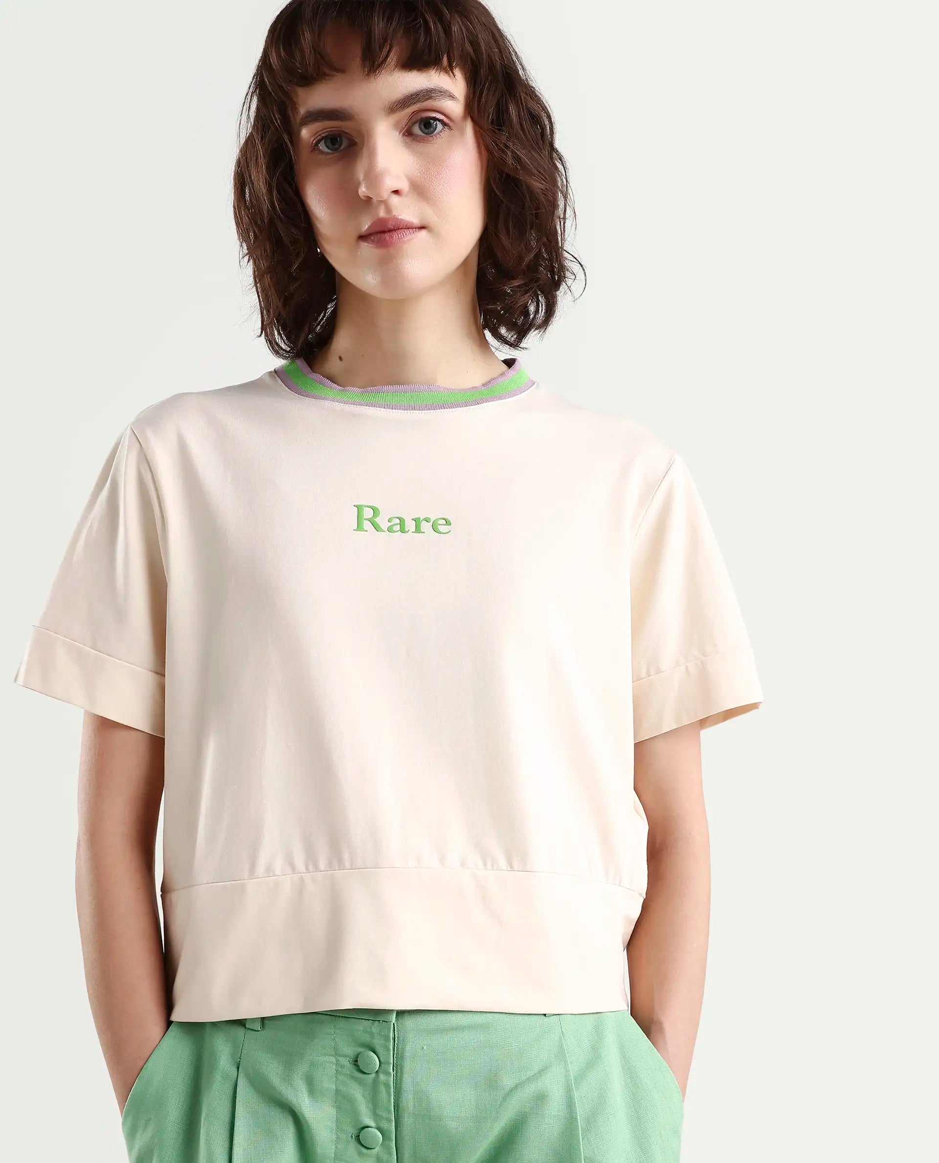 Rareism Women's Eliza Light Beige Cotton Blend Crew Neck Graphic Print Regular Fit T-Shirt