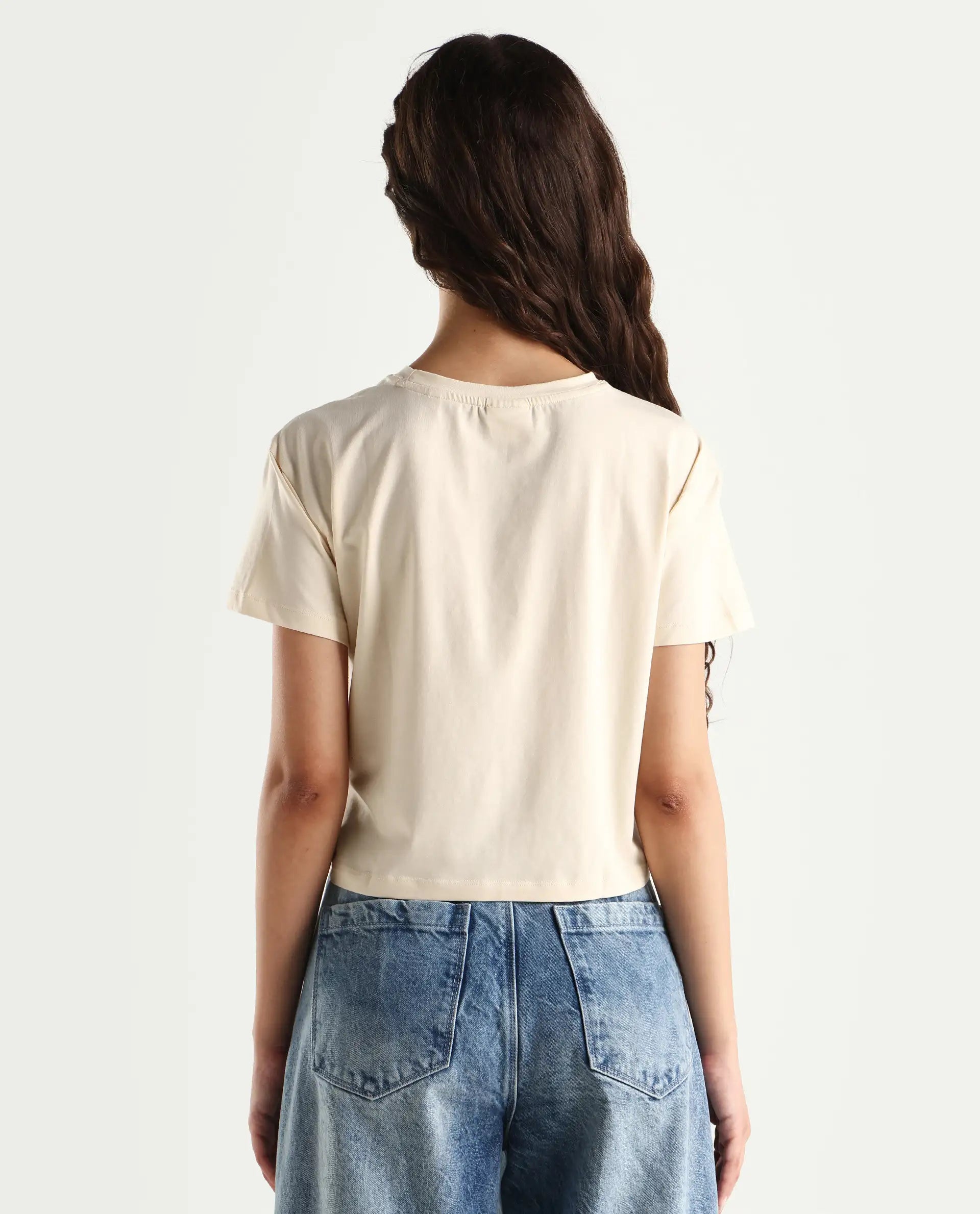 Rareism Women's Sandre Light Beige Cotton Blend Crew Neck Graphic Print Crop Regular Fit T-Shirt