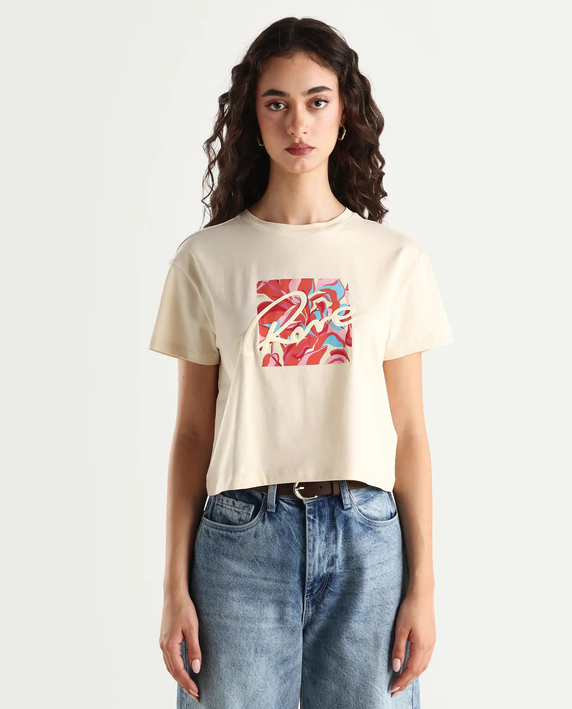 Rareism Women's Sandre Light Beige Cotton Blend Crew Neck Graphic Print Crop Regular Fit T-Shirt