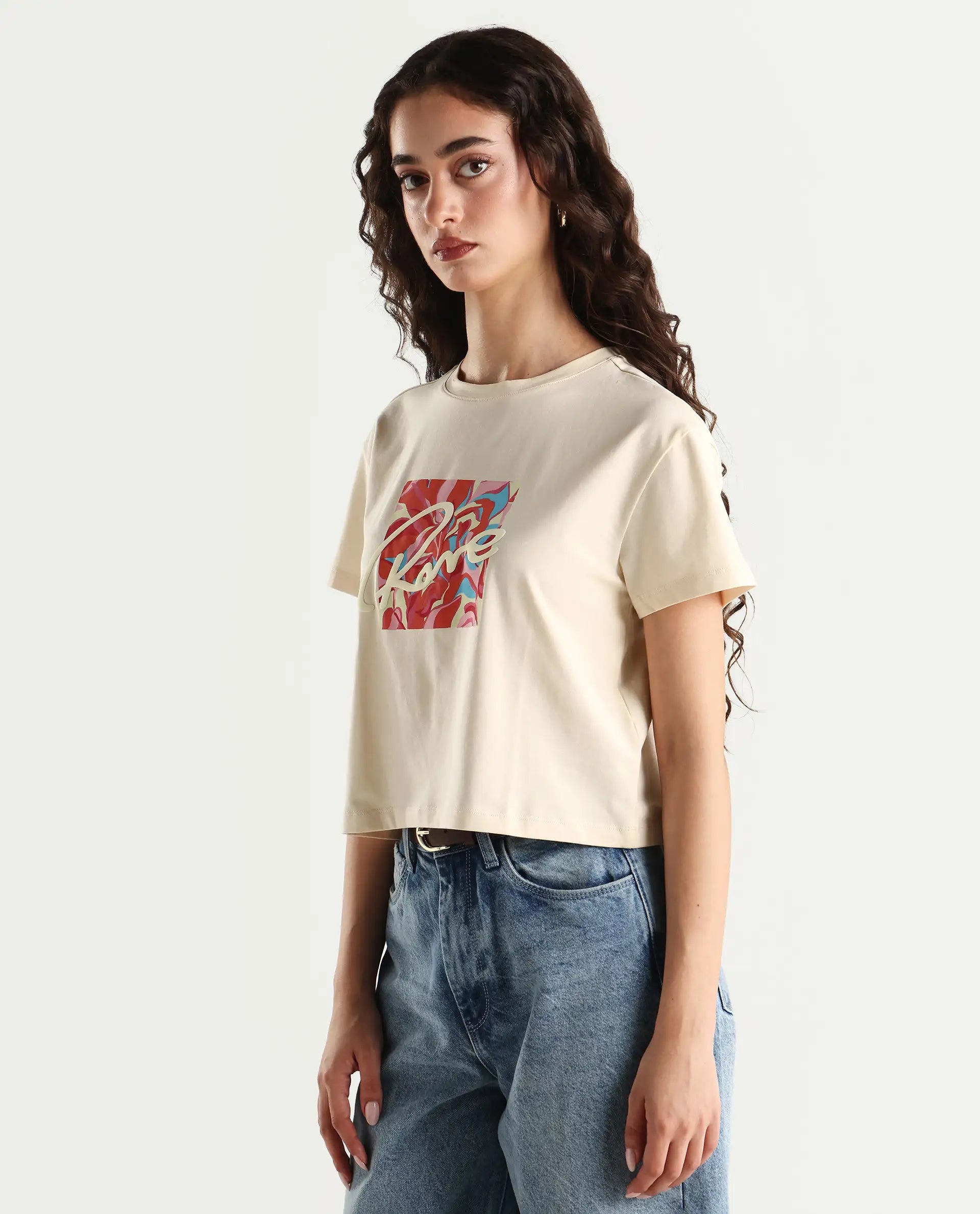 Rareism Women's Sandre Light Beige Cotton Blend Crew Neck Graphic Print Crop Regular Fit T-Shirt