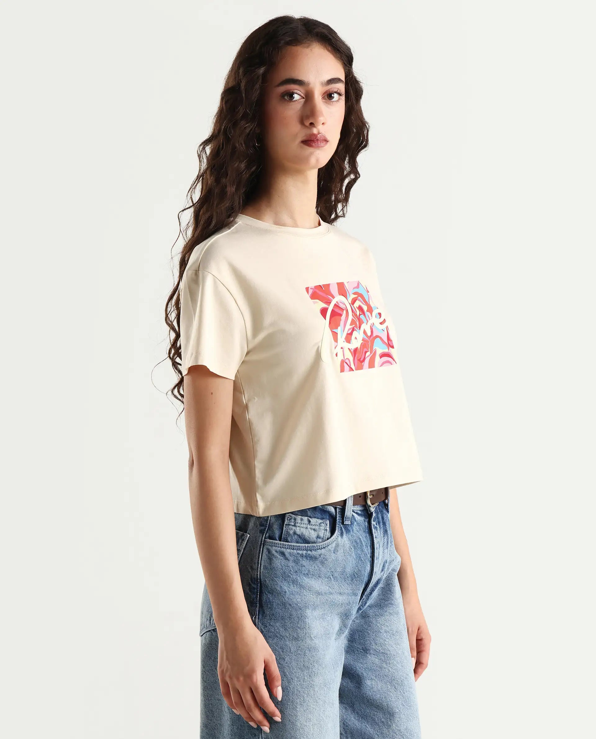 Rareism Women's Sandre Light Beige Cotton Blend Crew Neck Graphic Print Crop Regular Fit T-Shirt