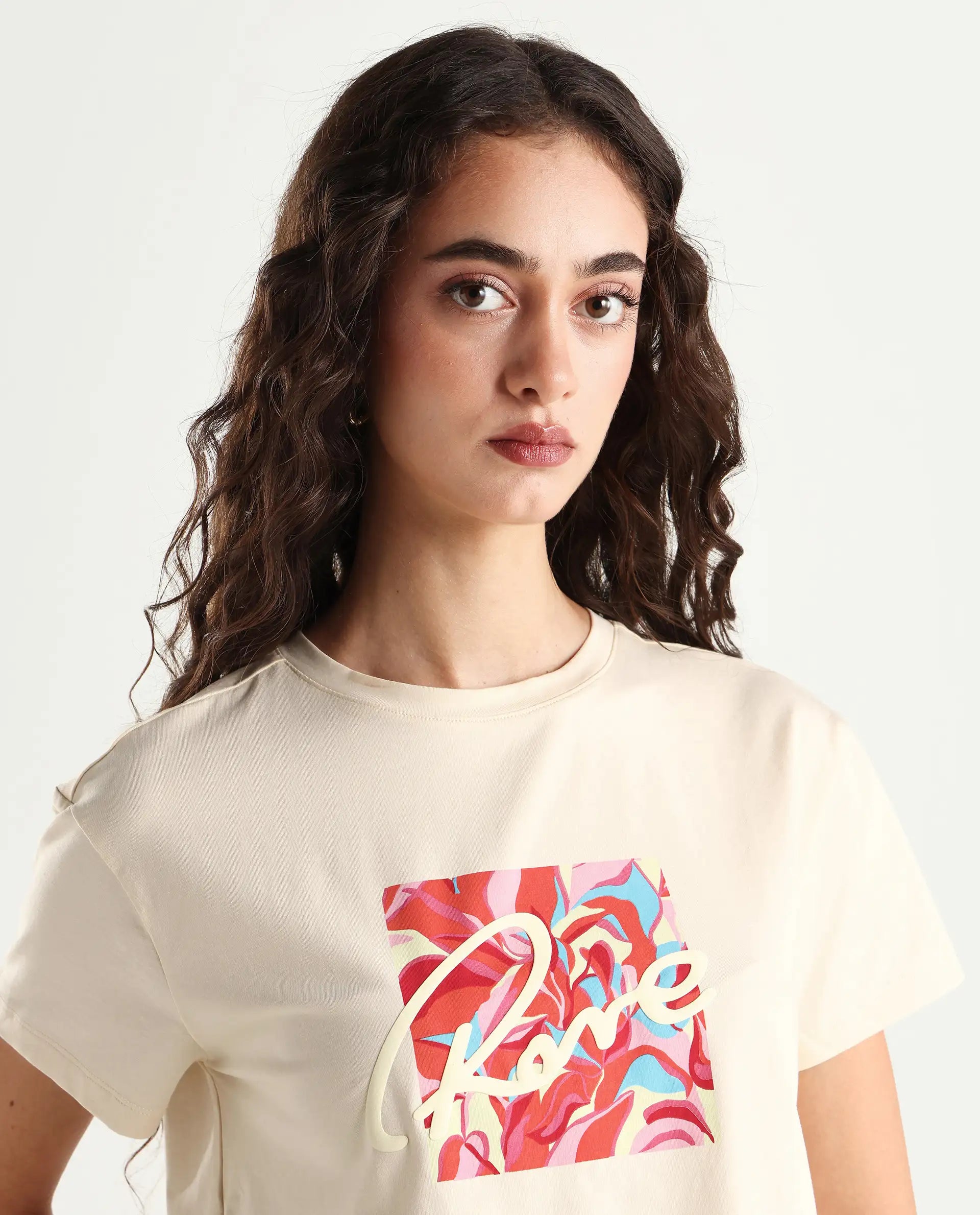 Rareism Women's Sandre Light Beige Cotton Blend Crew Neck Graphic Print Crop Regular Fit T-Shirt