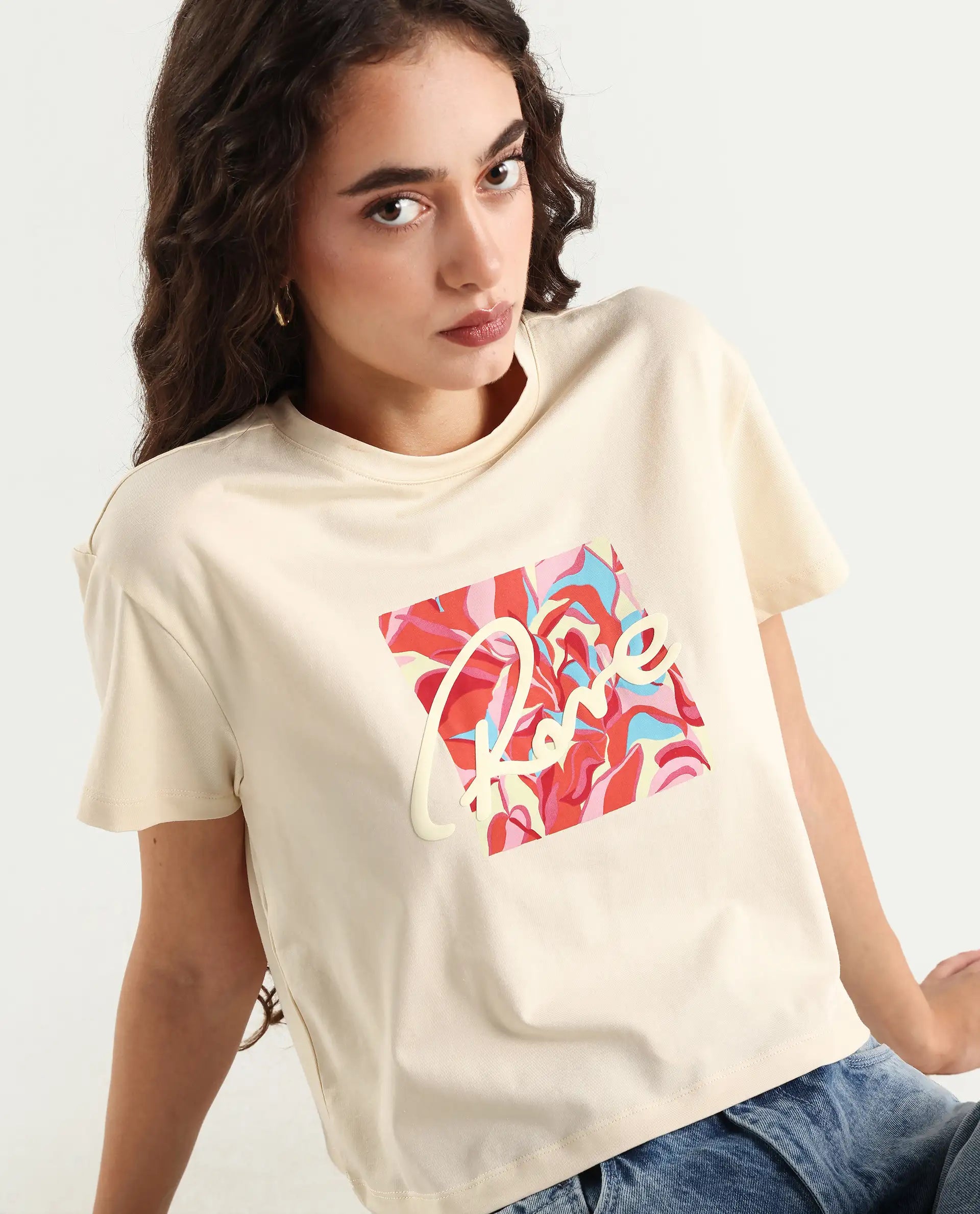 Rareism Women's Sandre Light Beige Cotton Blend Crew Neck Graphic Print Crop Regular Fit T-Shirt