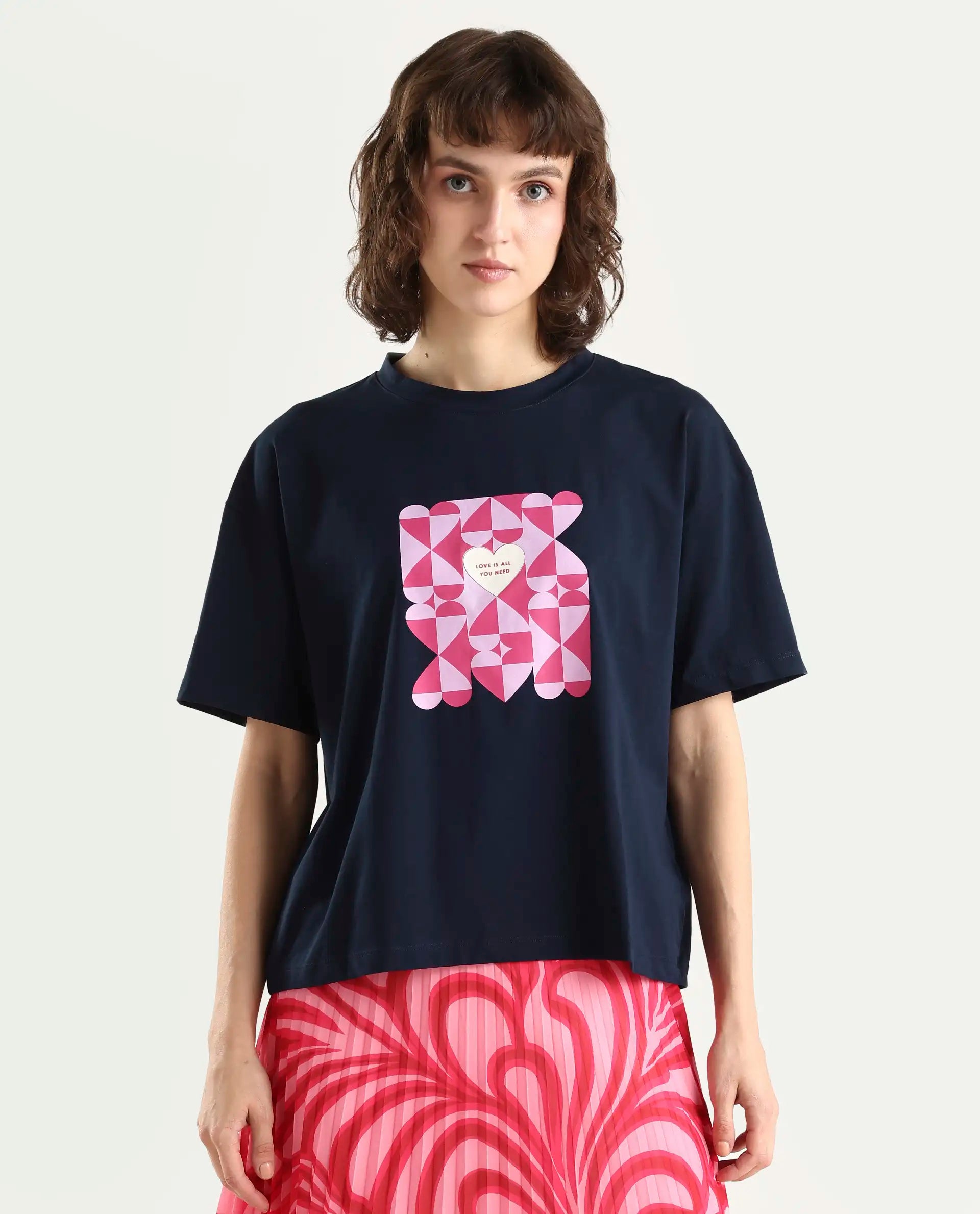 Rareism Women's Oppamen Dark Navy Cotton Blend Crew Neck Graphic Print Boxy Fit T-Shirt