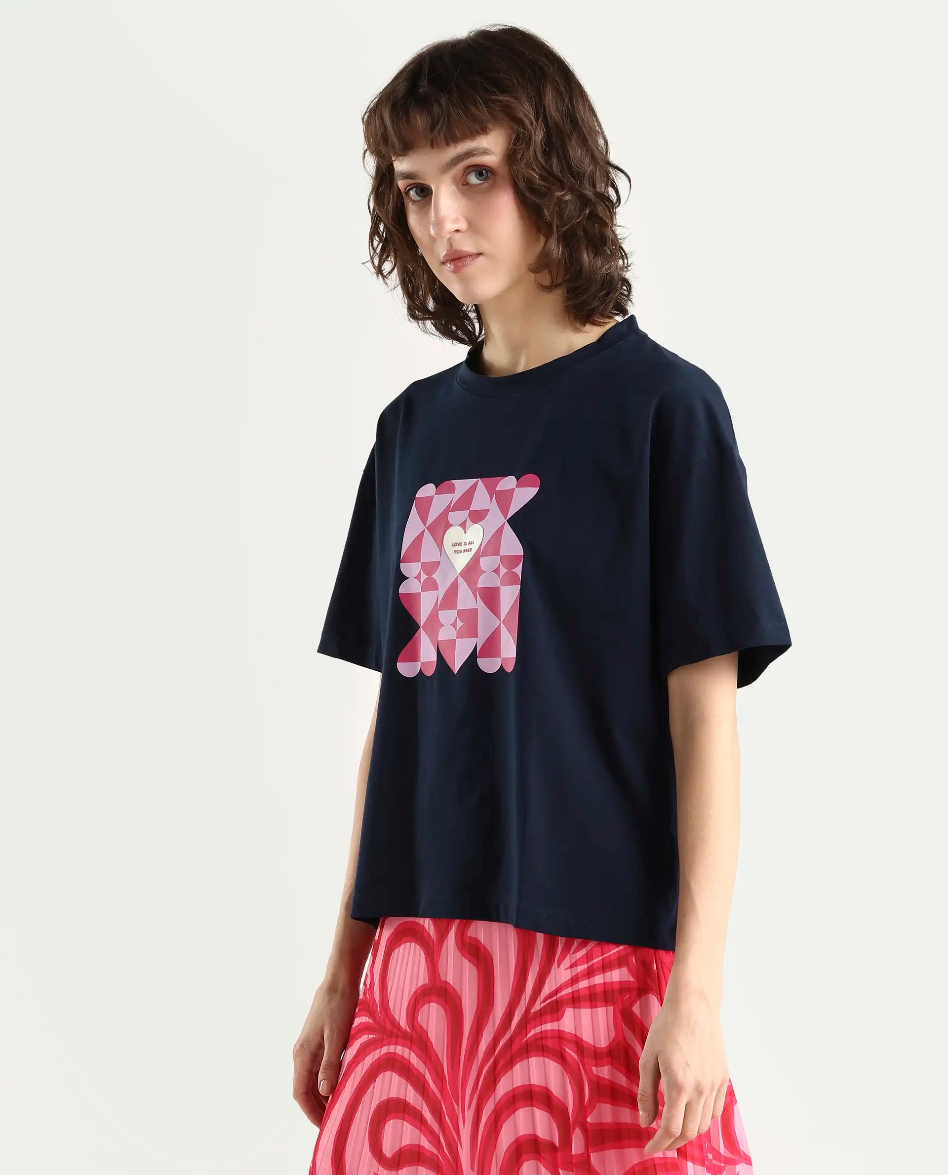 Rareism Women's Oppamen Dark Navy Cotton Blend Crew Neck Graphic Print Boxy Fit T-Shirt