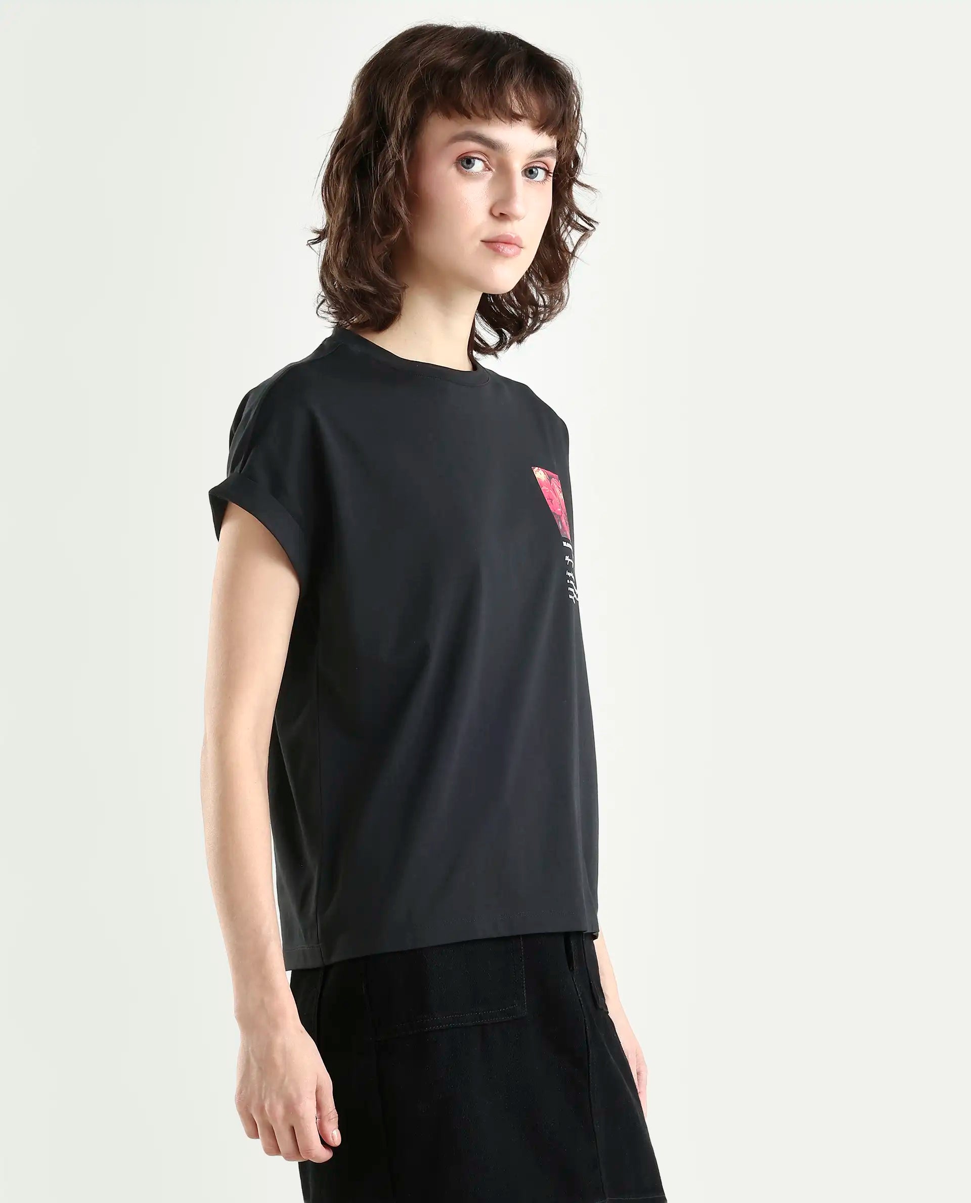 Rareism Women's Poctri Black Cotton Blend Crew Neck Graphic Print Extended Sleeves Regular Fit T-Shirt