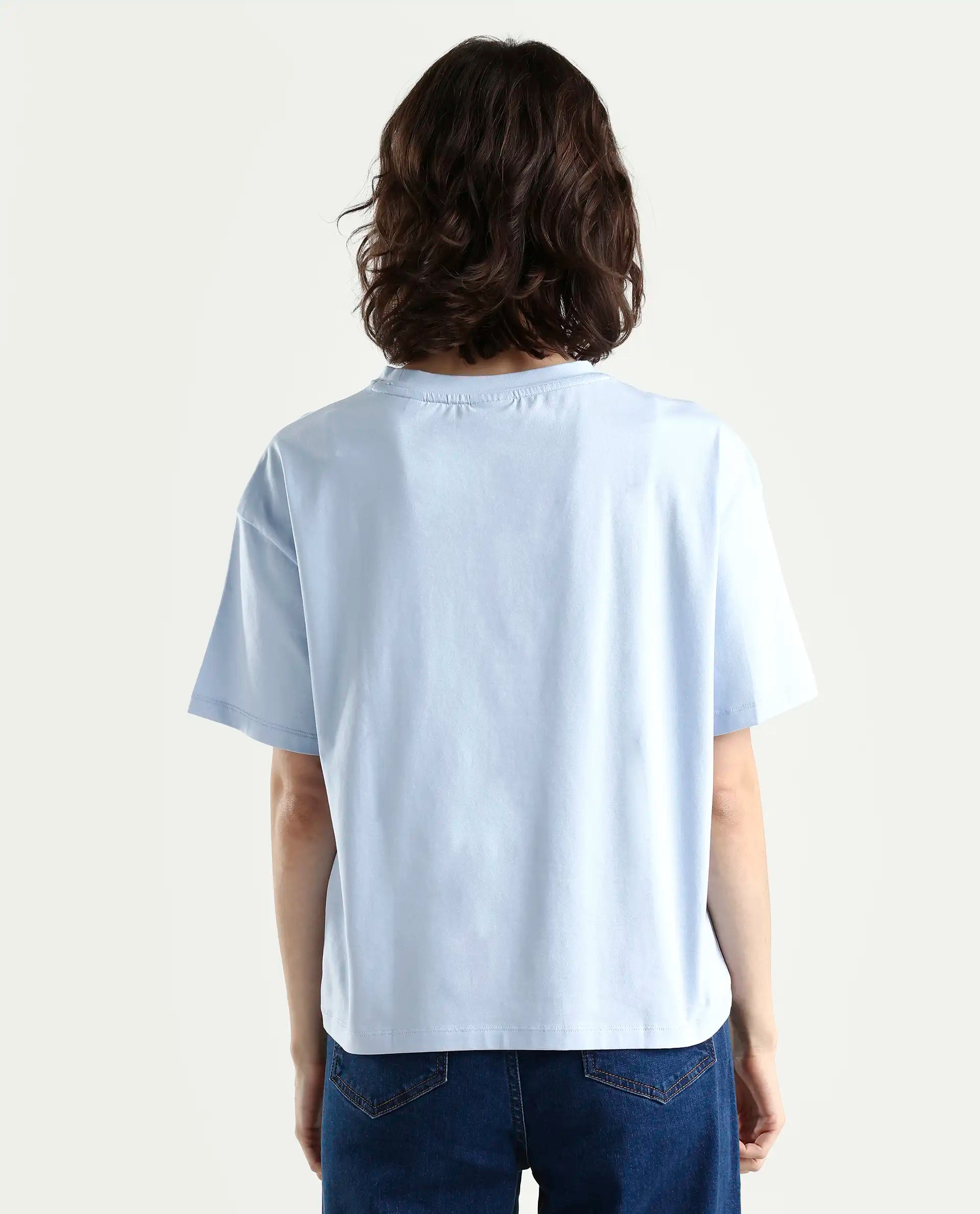 Rareism Women's Poppy Light Blue Cotton Blend Crew Neck Plain Boxy Fit T-Shirt