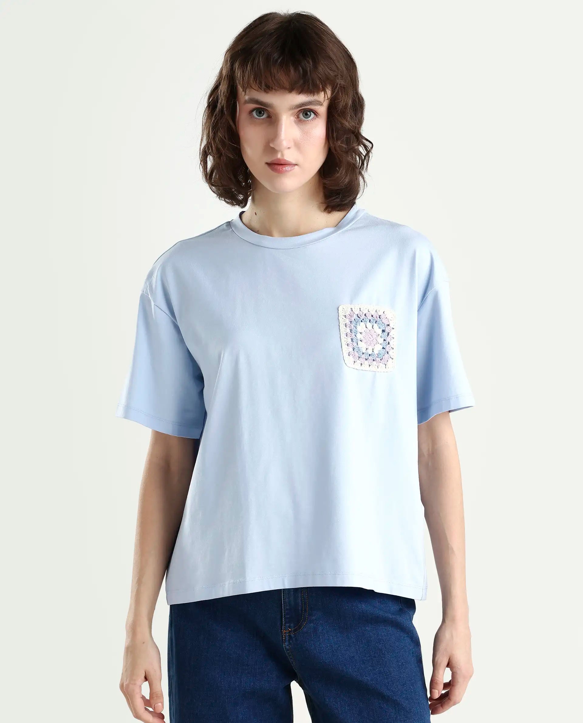 Rareism Women's Poppy Light Blue Cotton Blend Crew Neck Plain Boxy Fit T-Shirt