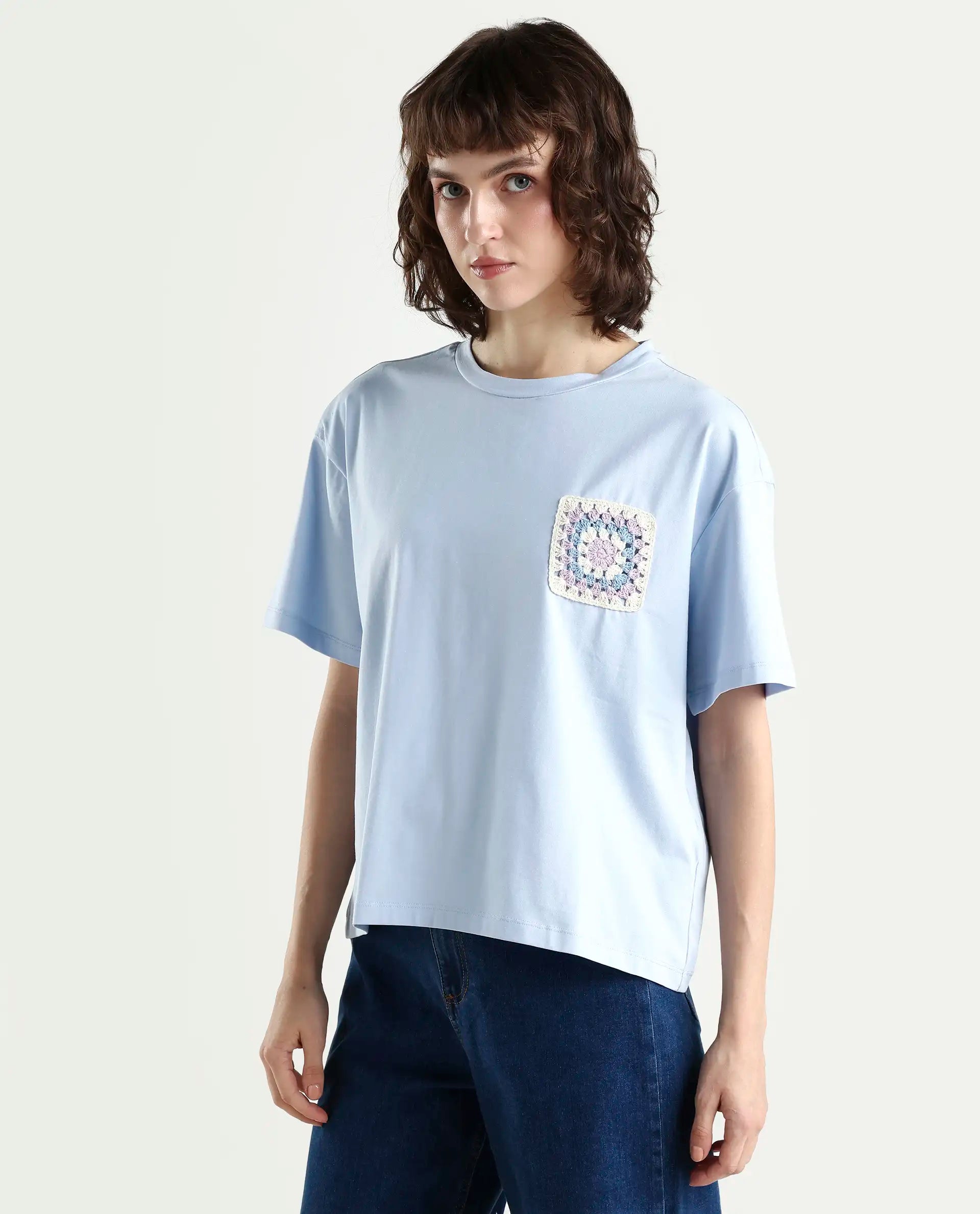 Rareism Women's Poppy Light Blue Cotton Blend Crew Neck Plain Boxy Fit T-Shirt