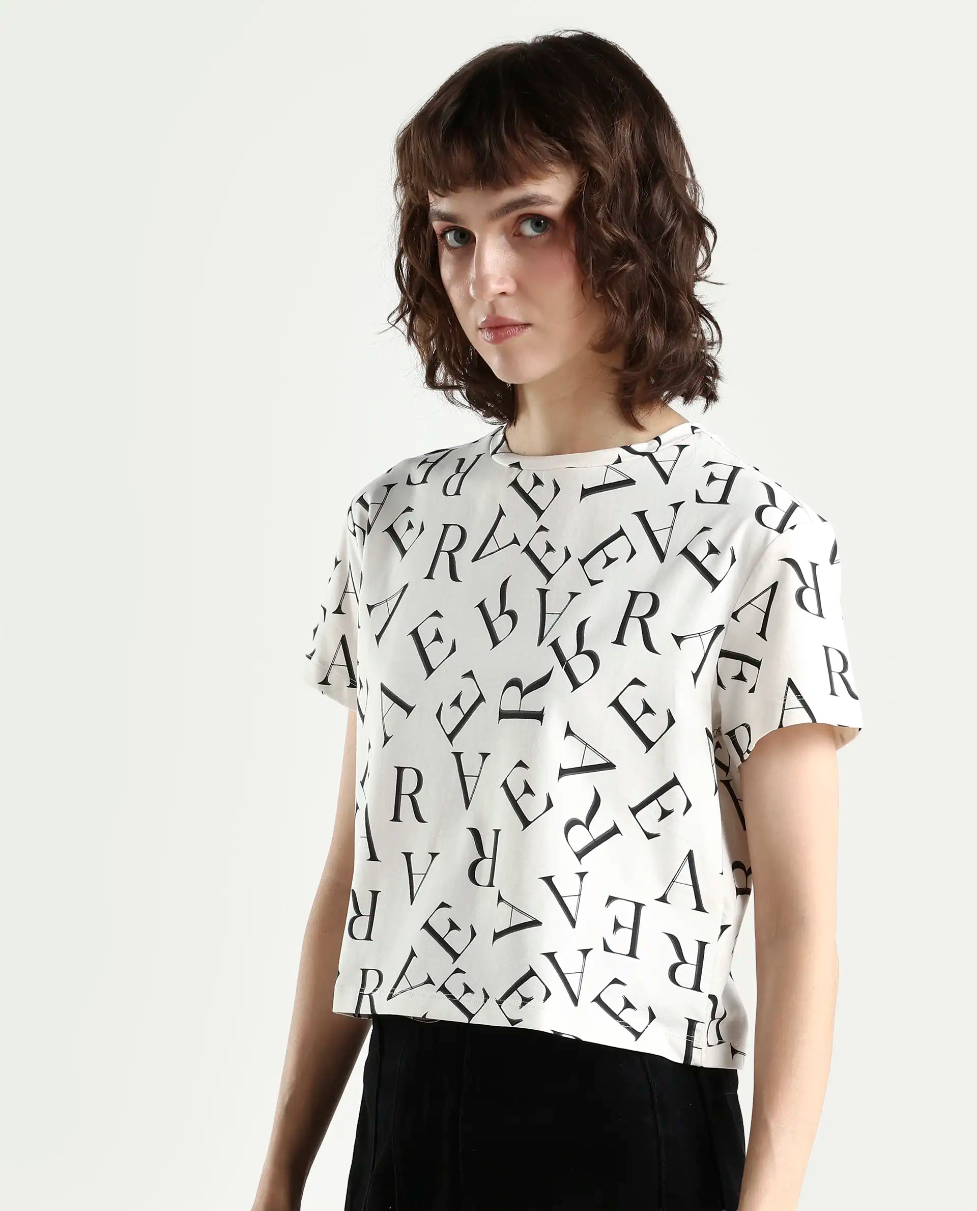 Rareism Women's Cassia Off White Cotton Blend Crew Neck Monogram Print Crop Regular Fit T-Shirt