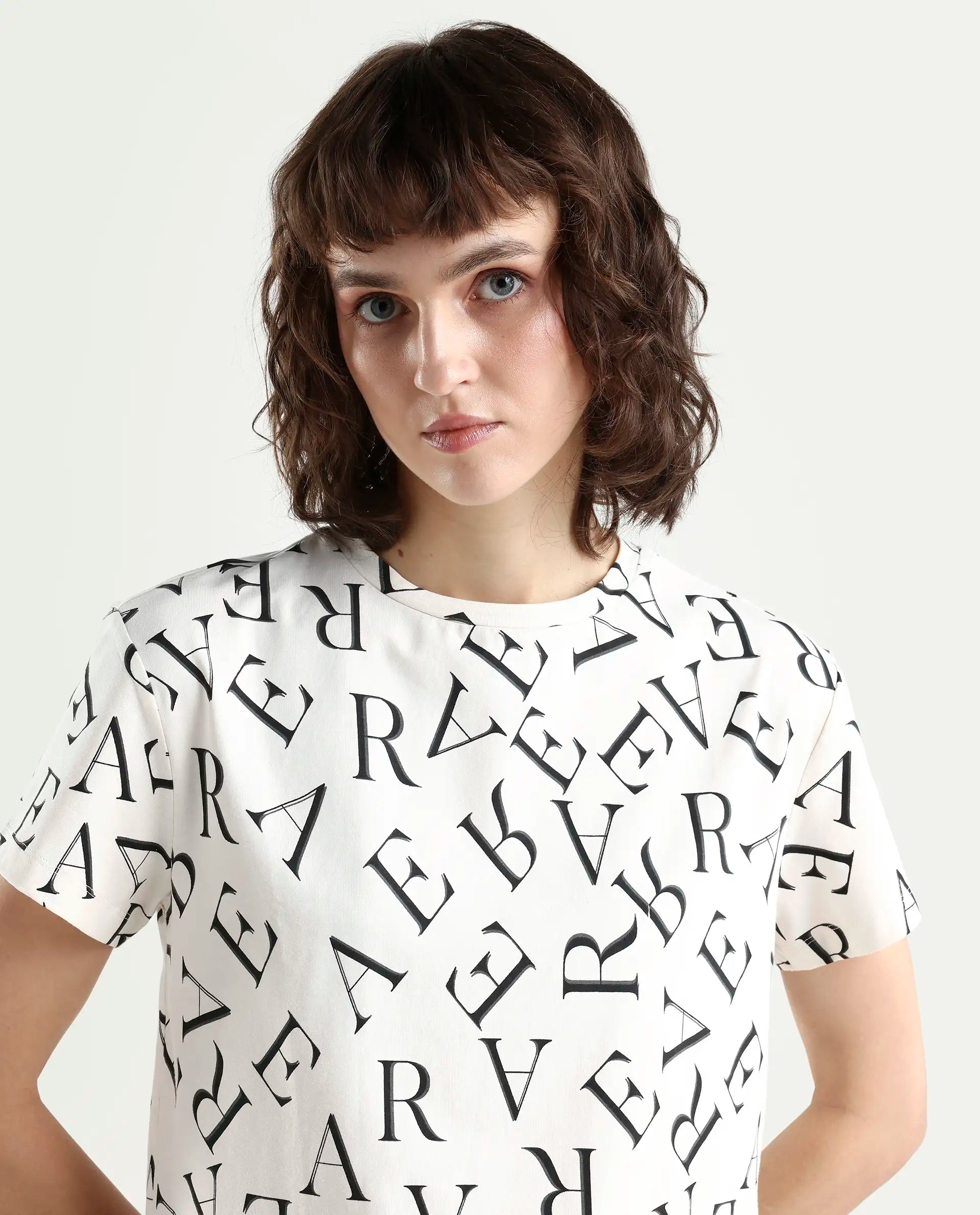 Rareism Women's Cassia Off White Cotton Blend Crew Neck Monogram Print Crop Regular Fit T-Shirt