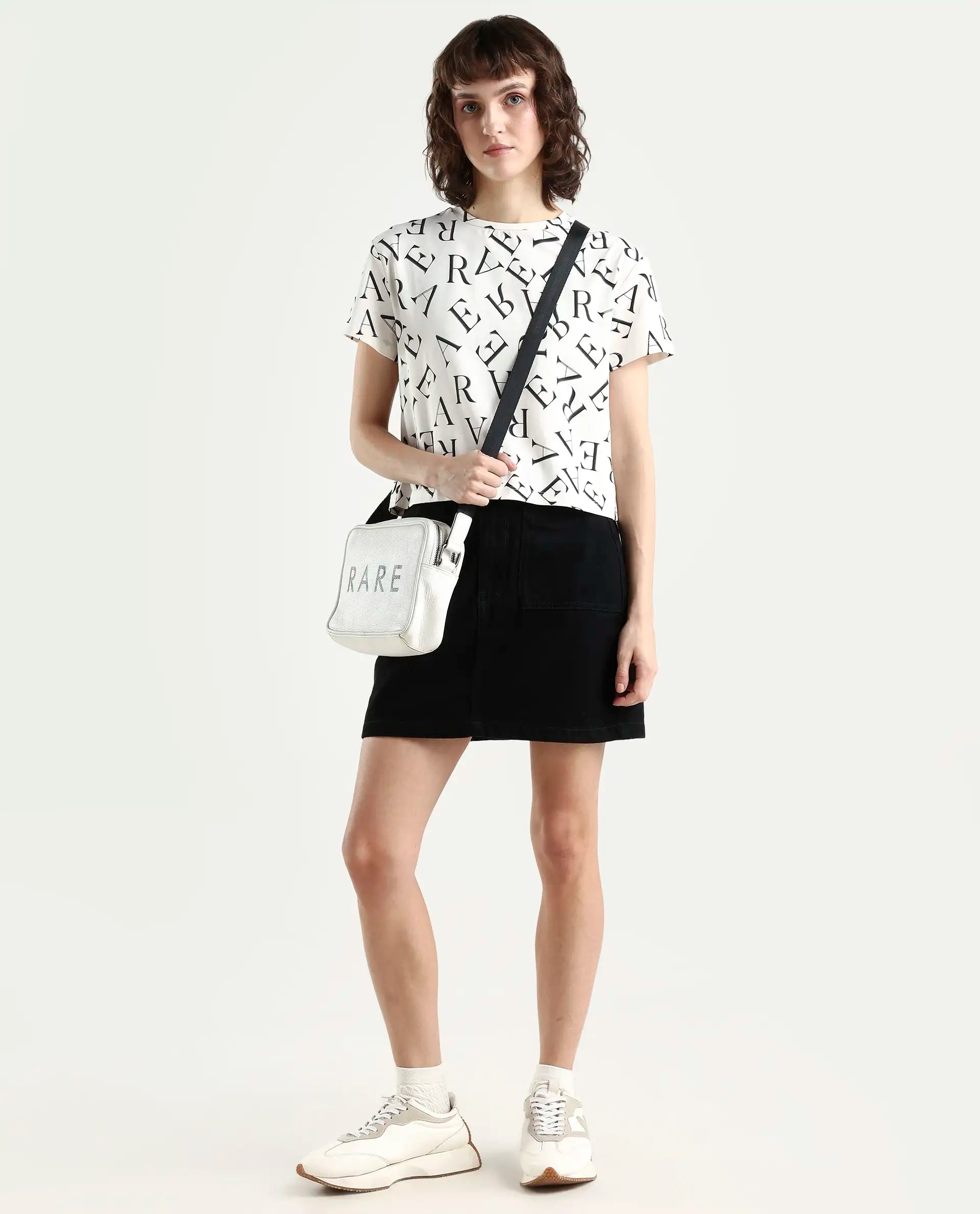 Rareism Women's Cassia Off White Cotton Blend Crew Neck Monogram Print Crop Regular Fit T-Shirt