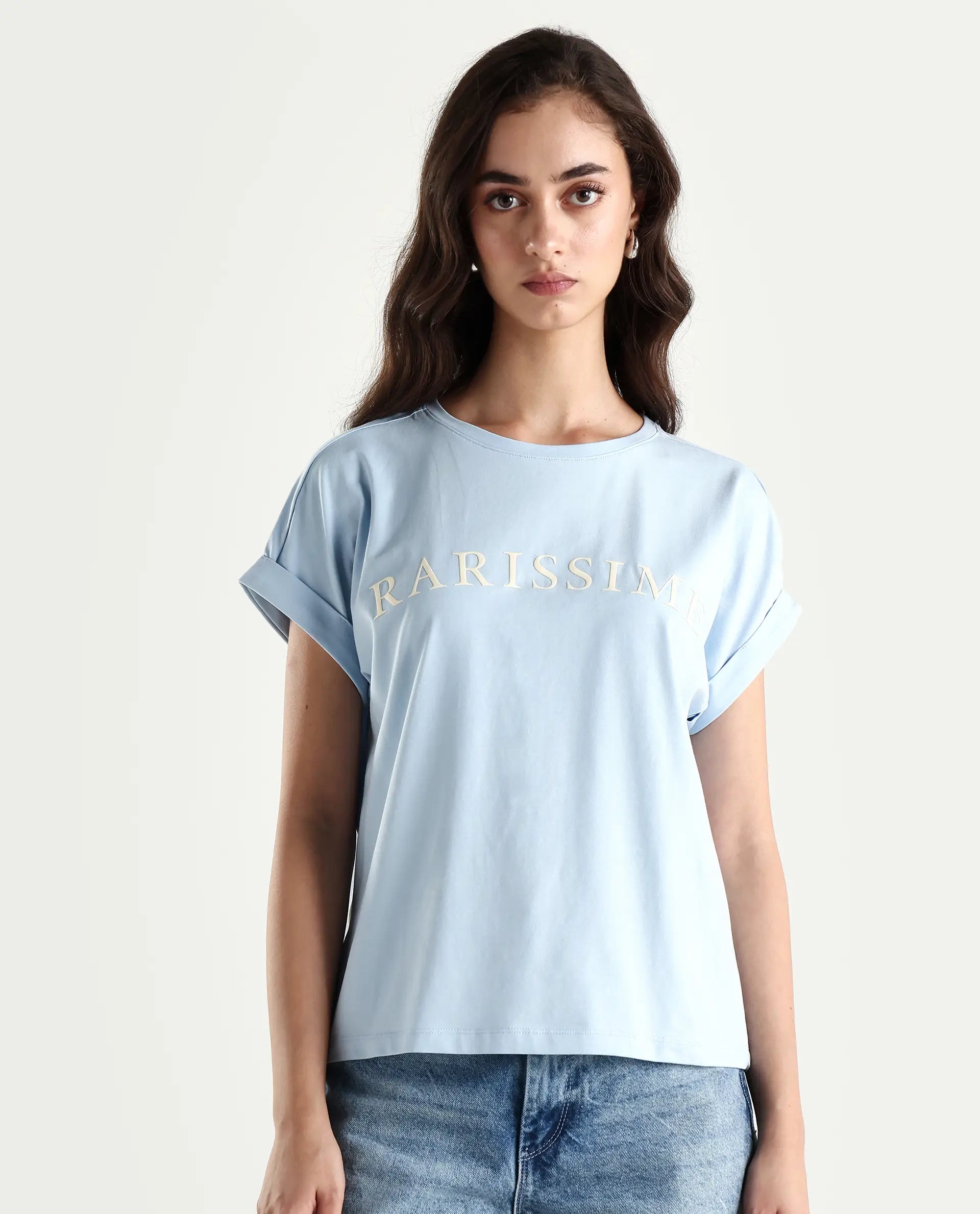 Rareism Women's Alte Light Blue Cotton Blend Crew Neck Graphic Print Extended Sleeves Regular Fit T-Shirt