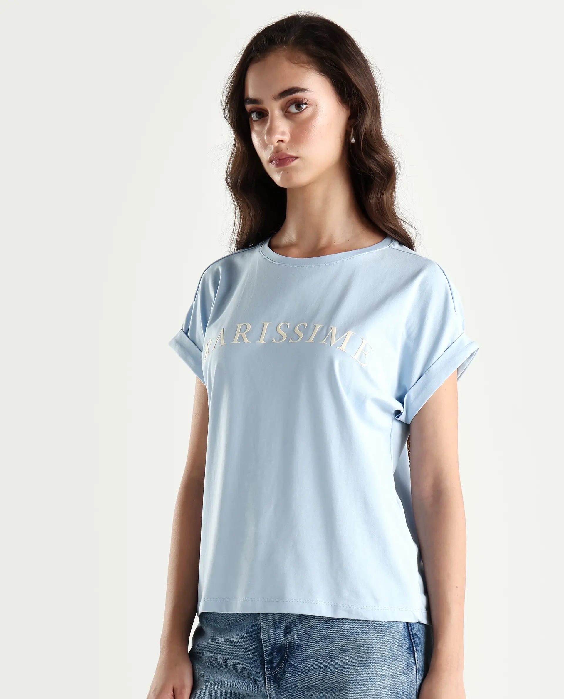 Rareism Women's Alte Light Blue Cotton Blend Crew Neck Graphic Print Extended Sleeves Regular Fit T-Shirt