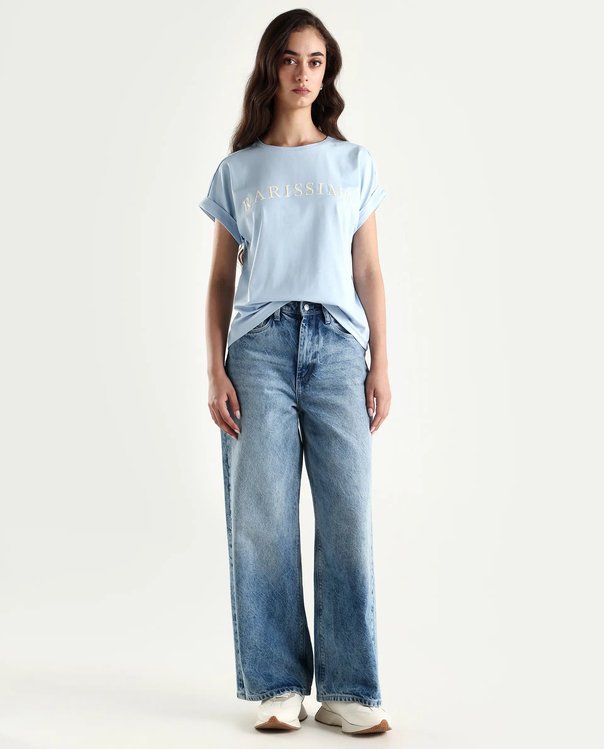 Rareism Women's Alte Light Blue Cotton Blend Crew Neck Graphic Print Extended Sleeves Regular Fit T-Shirt