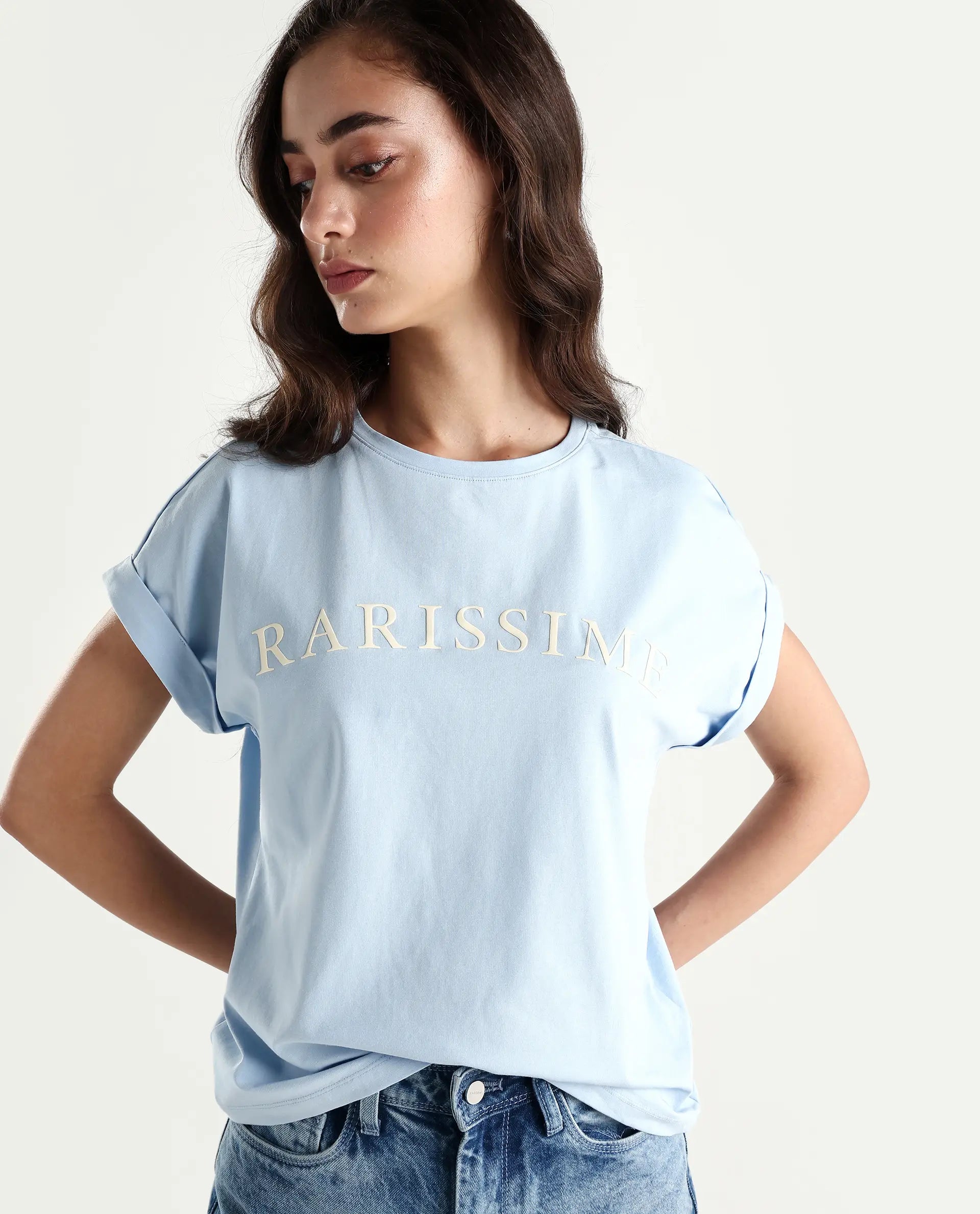 Rareism Women's Alte Light Blue Cotton Blend Crew Neck Graphic Print Extended Sleeves Regular Fit T-Shirt