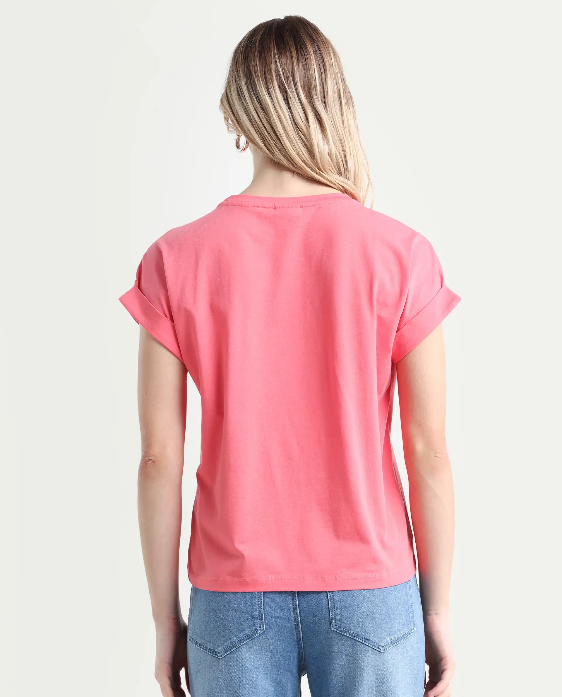 Rareism Women's Antilot Peach Cotton Blend Crew Neck Graphic Print Extended Sleeves Regular Fit T-Shirt