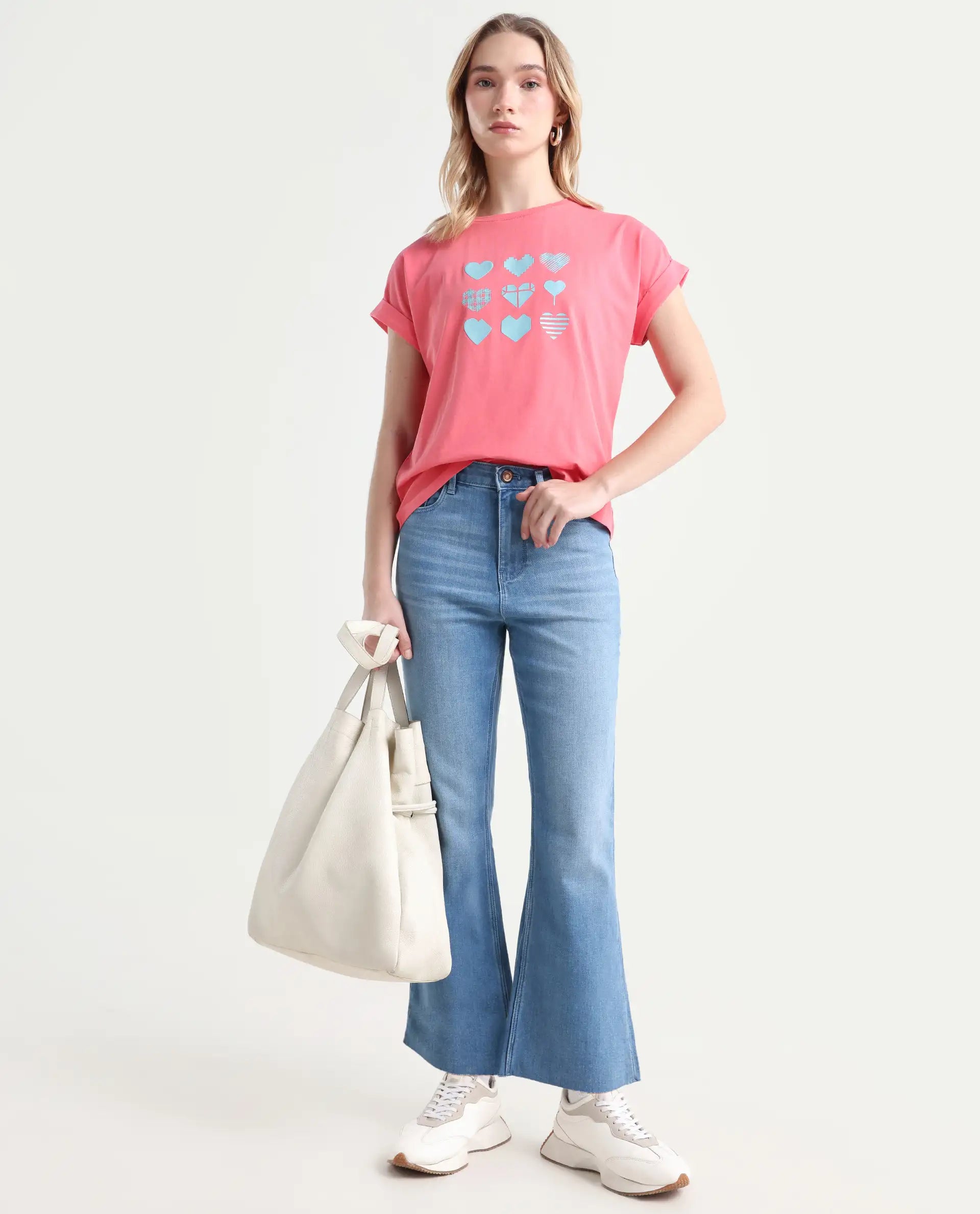 Rareism Women's Antilot Peach Cotton Blend Crew Neck Graphic Print Extended Sleeves Regular Fit T-Shirt