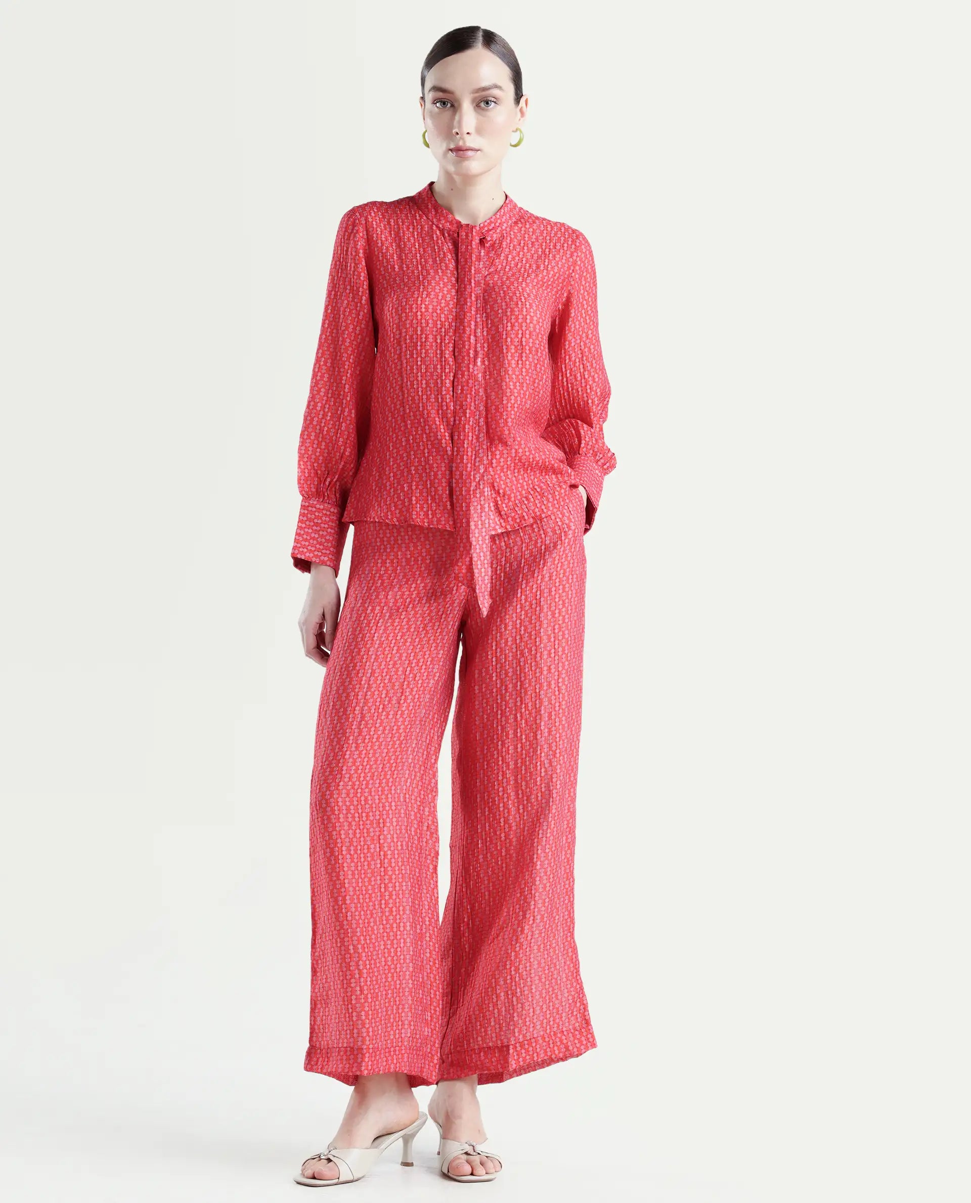 Rareism Women's Rusha-B Red Nylon Blend Geometric Print Ankle Length Wide Trouser