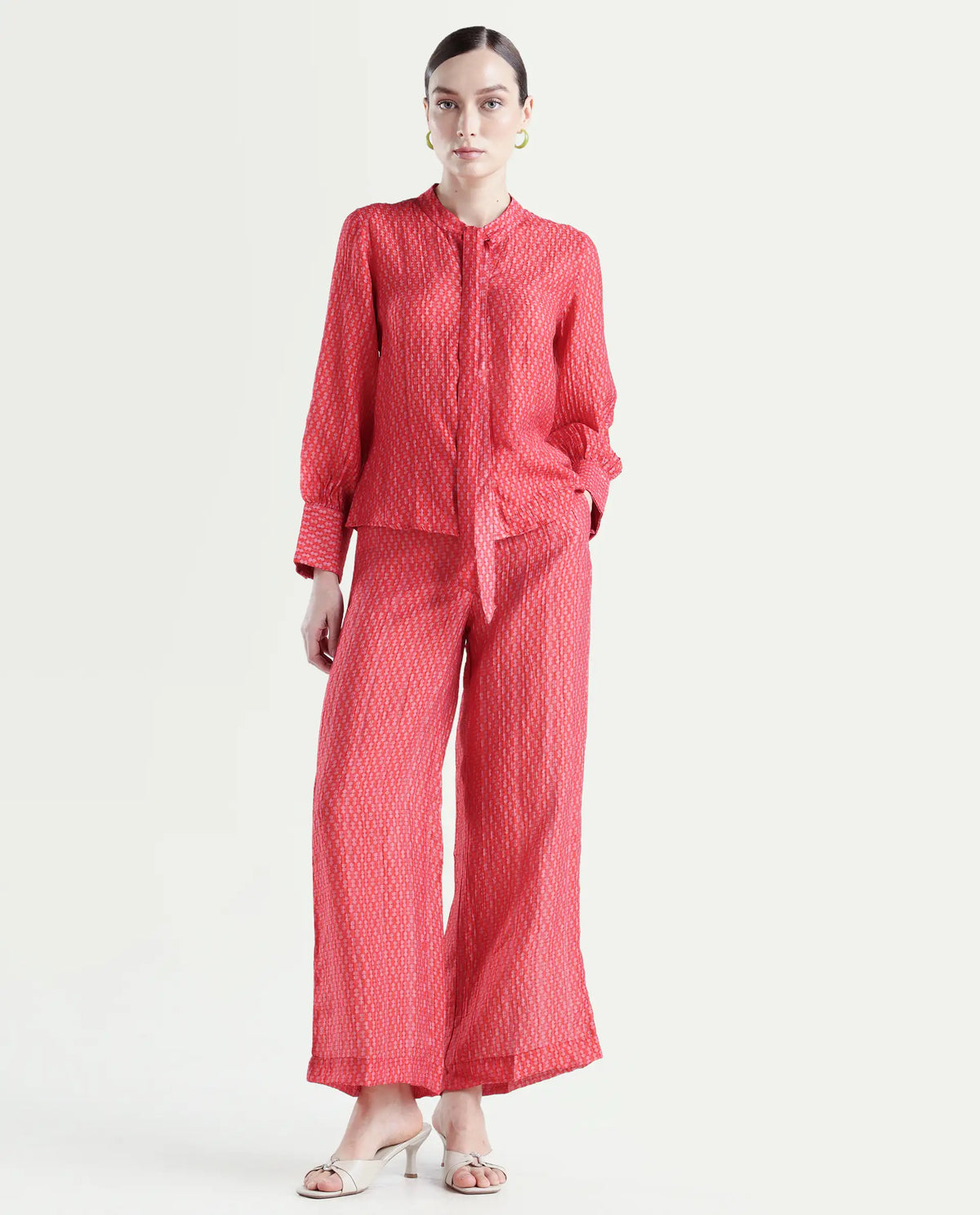 Rareism Women's Rusha-B Red Nylon Blend Geometric Print Ankle Length Wide Trouser