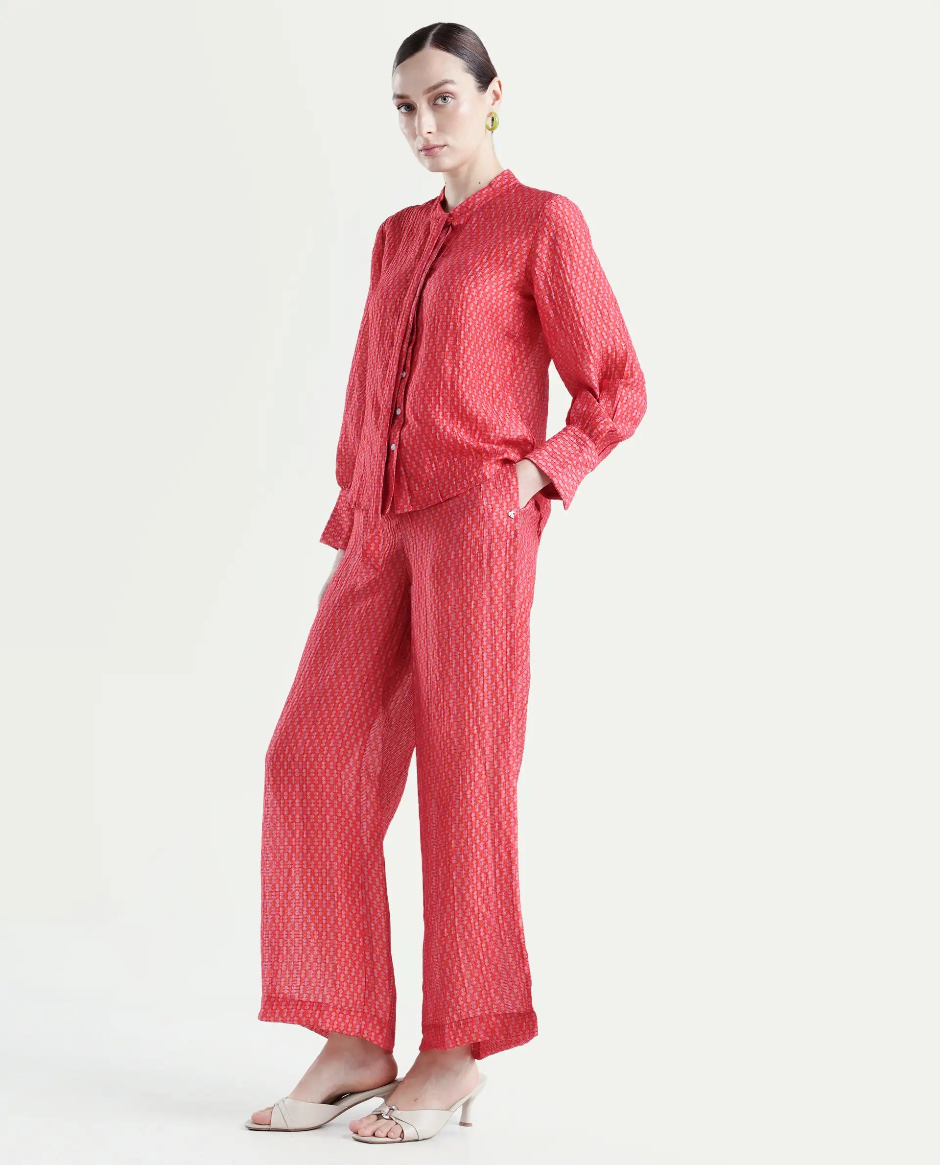 Rareism Women's Rusha-B Red Nylon Blend Geometric Print Ankle Length Wide Trouser