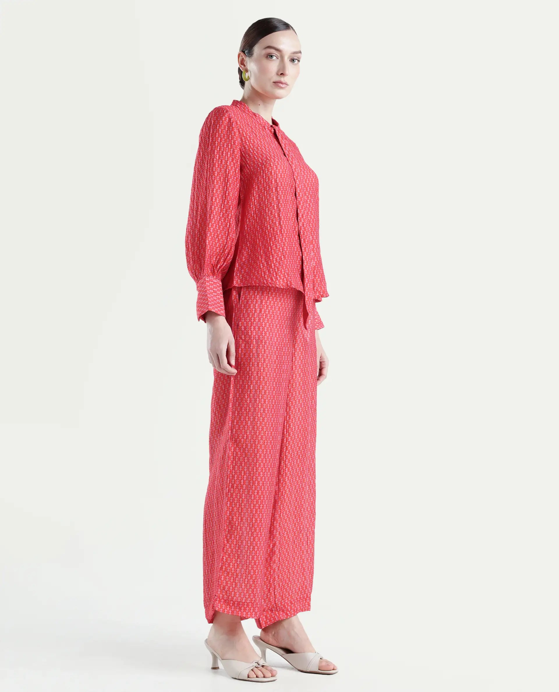 Rareism Women's Rusha-B Red Nylon Blend Geometric Print Ankle Length Wide Trouser