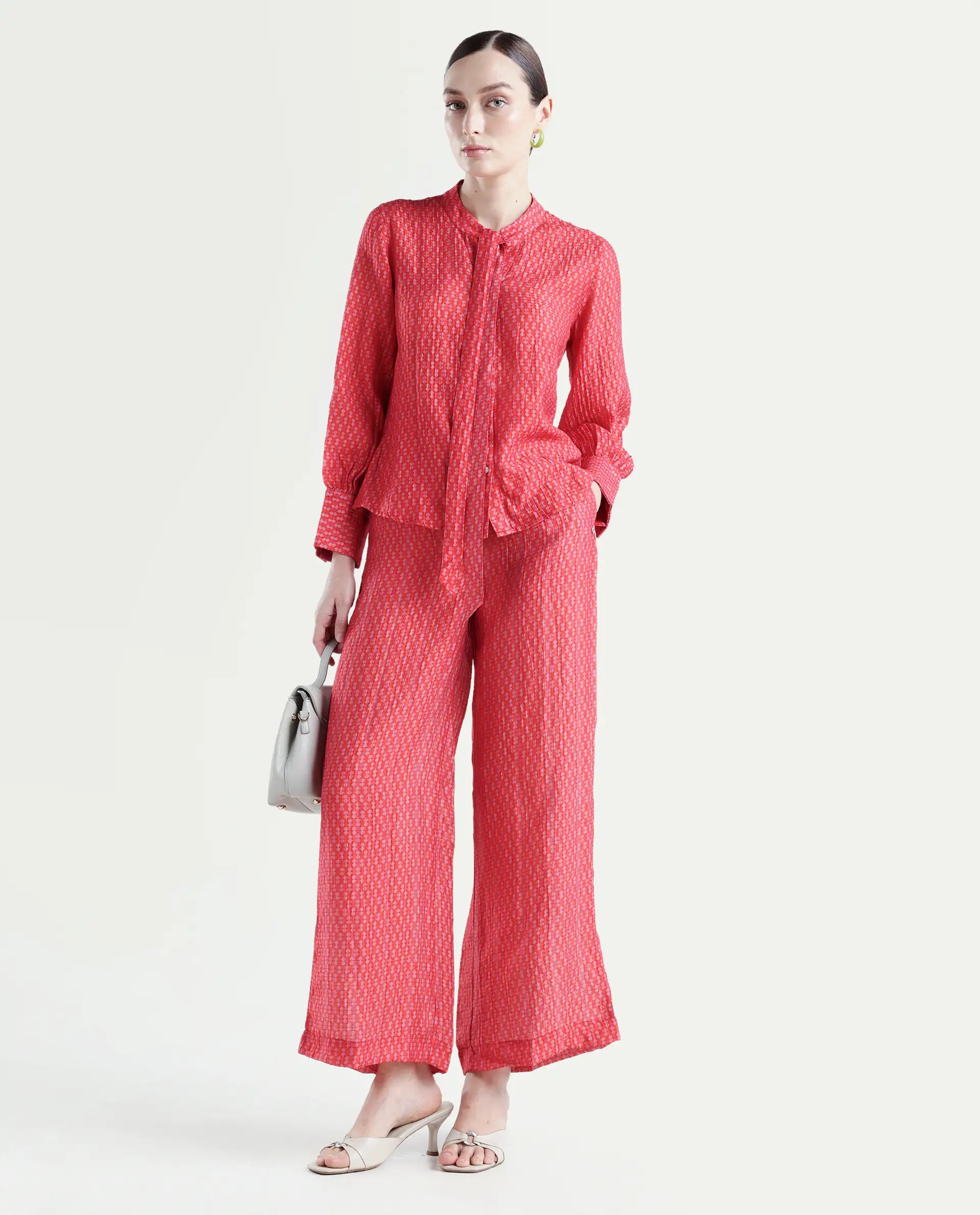 Rareism Women's Rusha-B Red Nylon Blend Geometric Print Ankle Length Wide Trouser