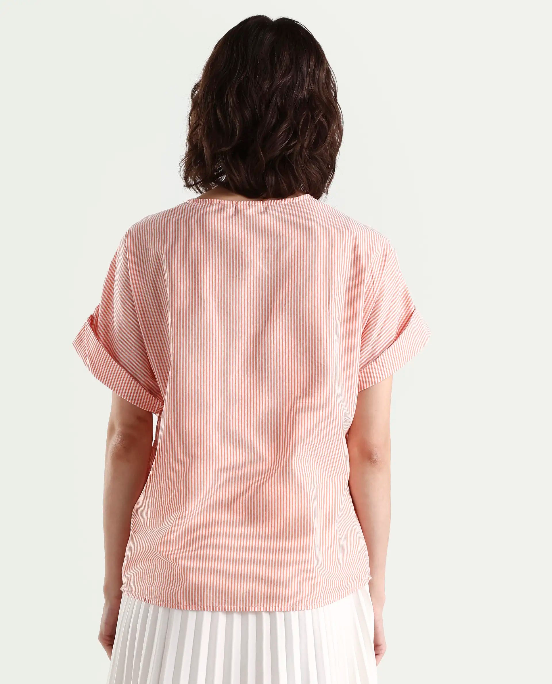 Rareism Women's Abdoo Orange V-Neck Striped Extended Sleeves Relaxed Fit Top