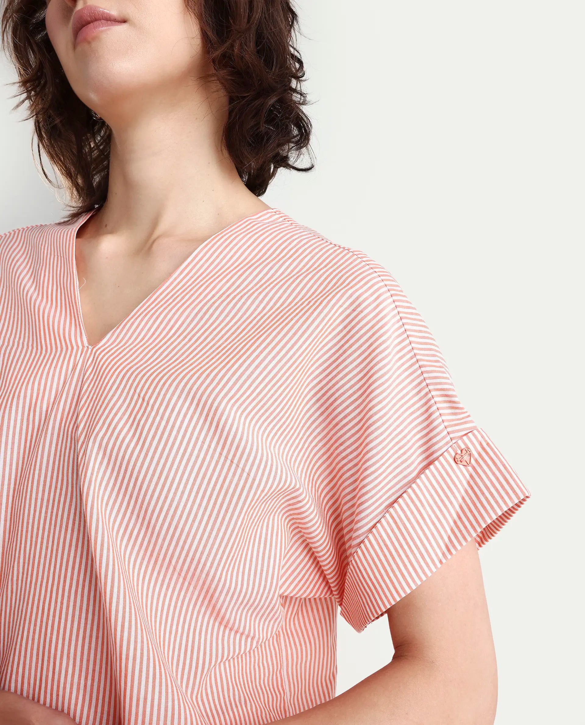 Rareism Women's Abdoo Orange V-Neck Striped Extended Sleeves Relaxed Fit Top