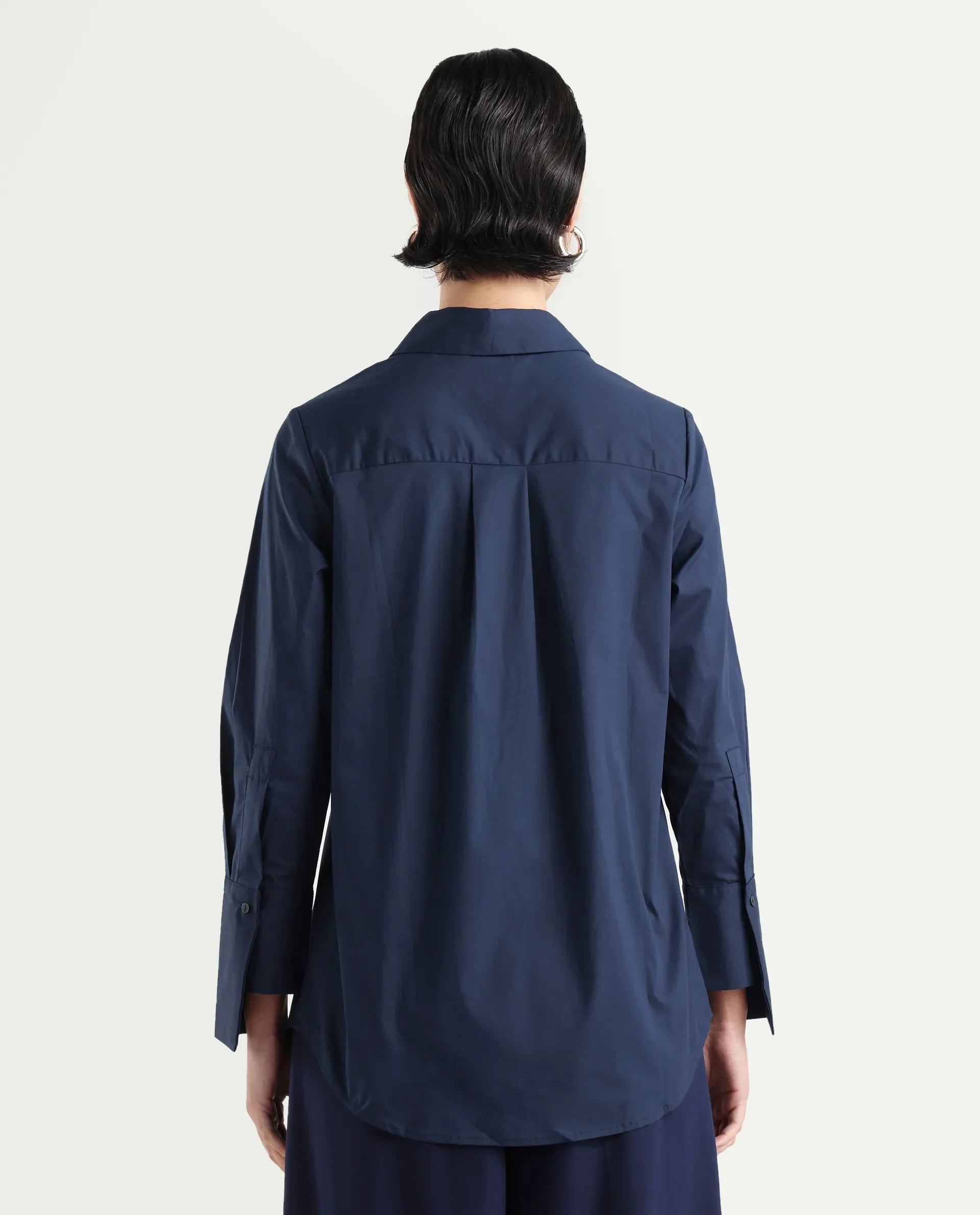 Rareism Women's Tottori Dark Blue Drop Collar Plain Cuffed Sleeve Relaxed Fit Shirt