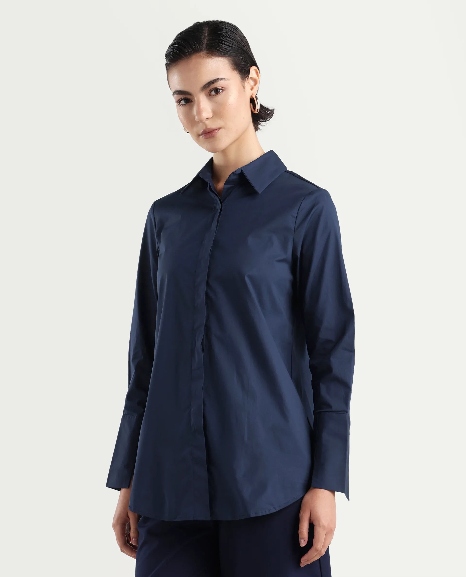 Rareism Women's Tottori Dark Blue Drop Collar Plain Cuffed Sleeve Relaxed Fit Shirt