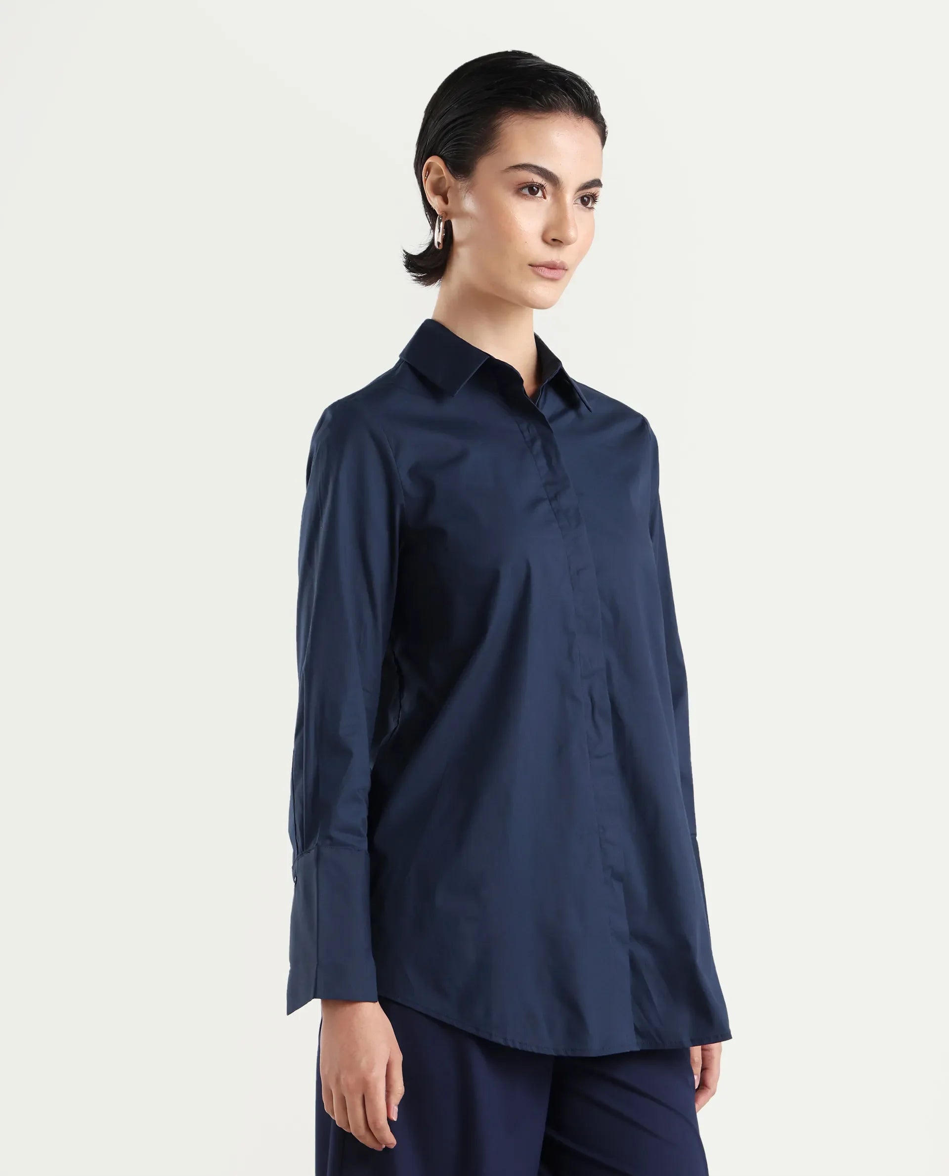 Rareism Women's Tottori Dark Blue Drop Collar Plain Cuffed Sleeve Relaxed Fit Shirt