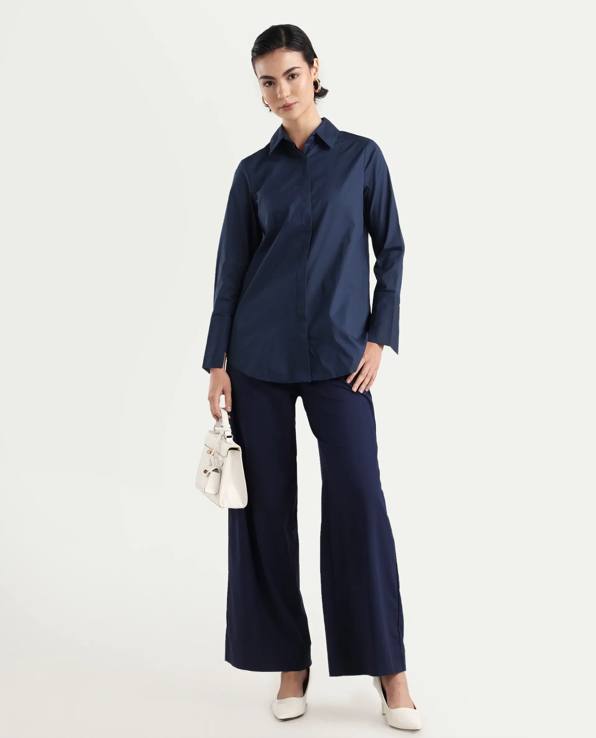 Rareism Women's Tottori Dark Blue Drop Collar Plain Cuffed Sleeve Relaxed Fit Shirt