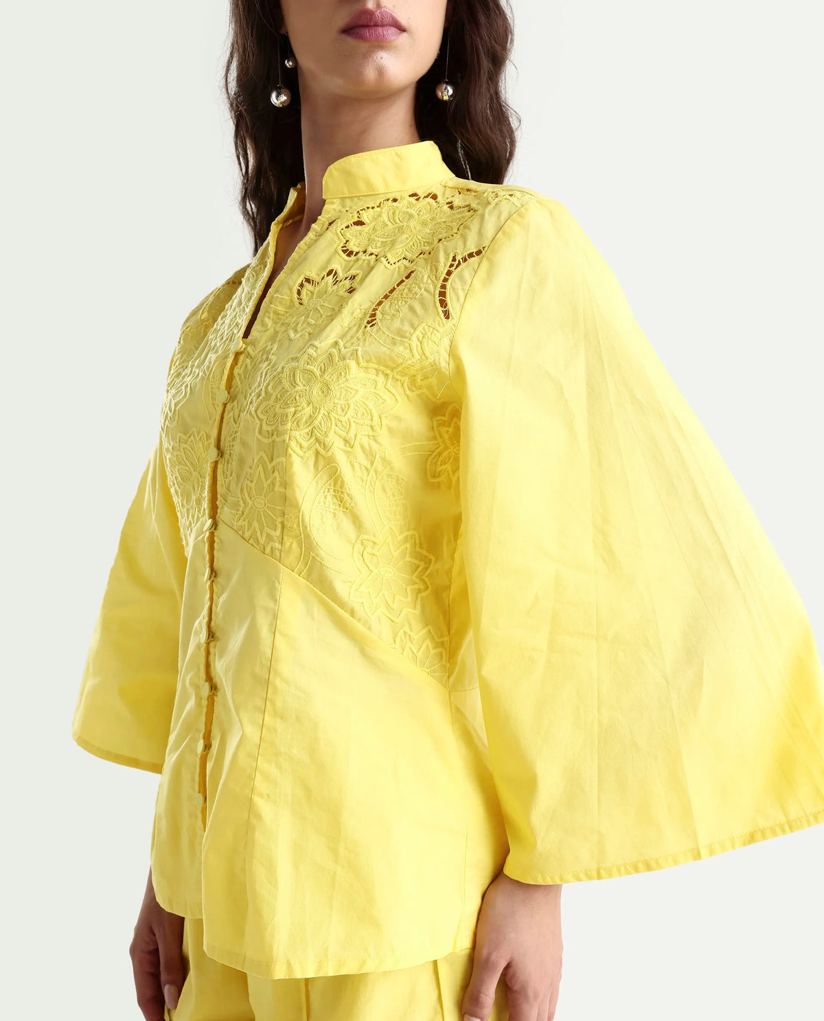Rareism Women's Badgle-T Pastel Yellow Cotton Mandarin Collar Plain Cuffed Sleeve Regular Fit Top
