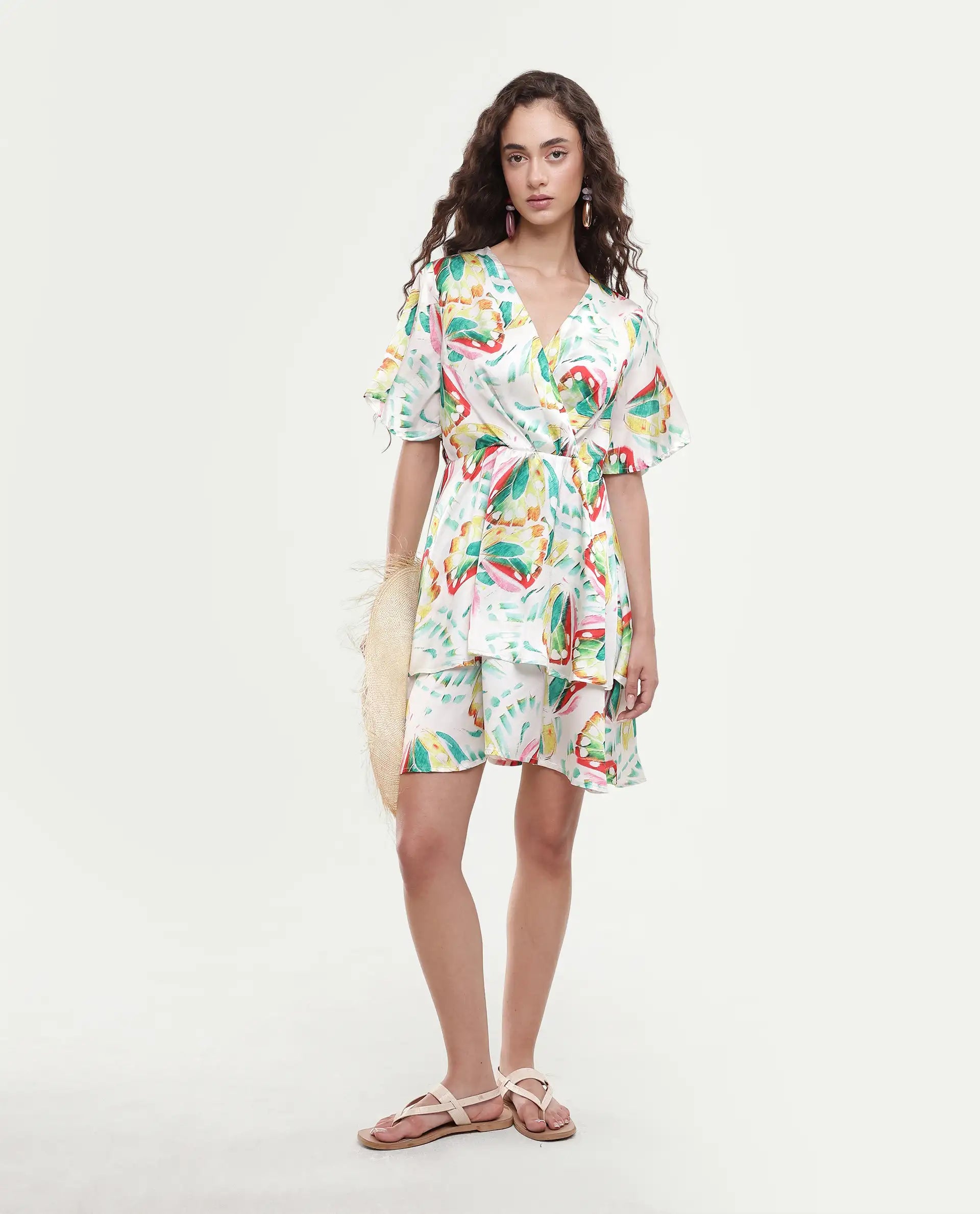 Rareism Women's Crelomi Light Multi Overlap Neck Floral Print Mini Fit And Flare Dress