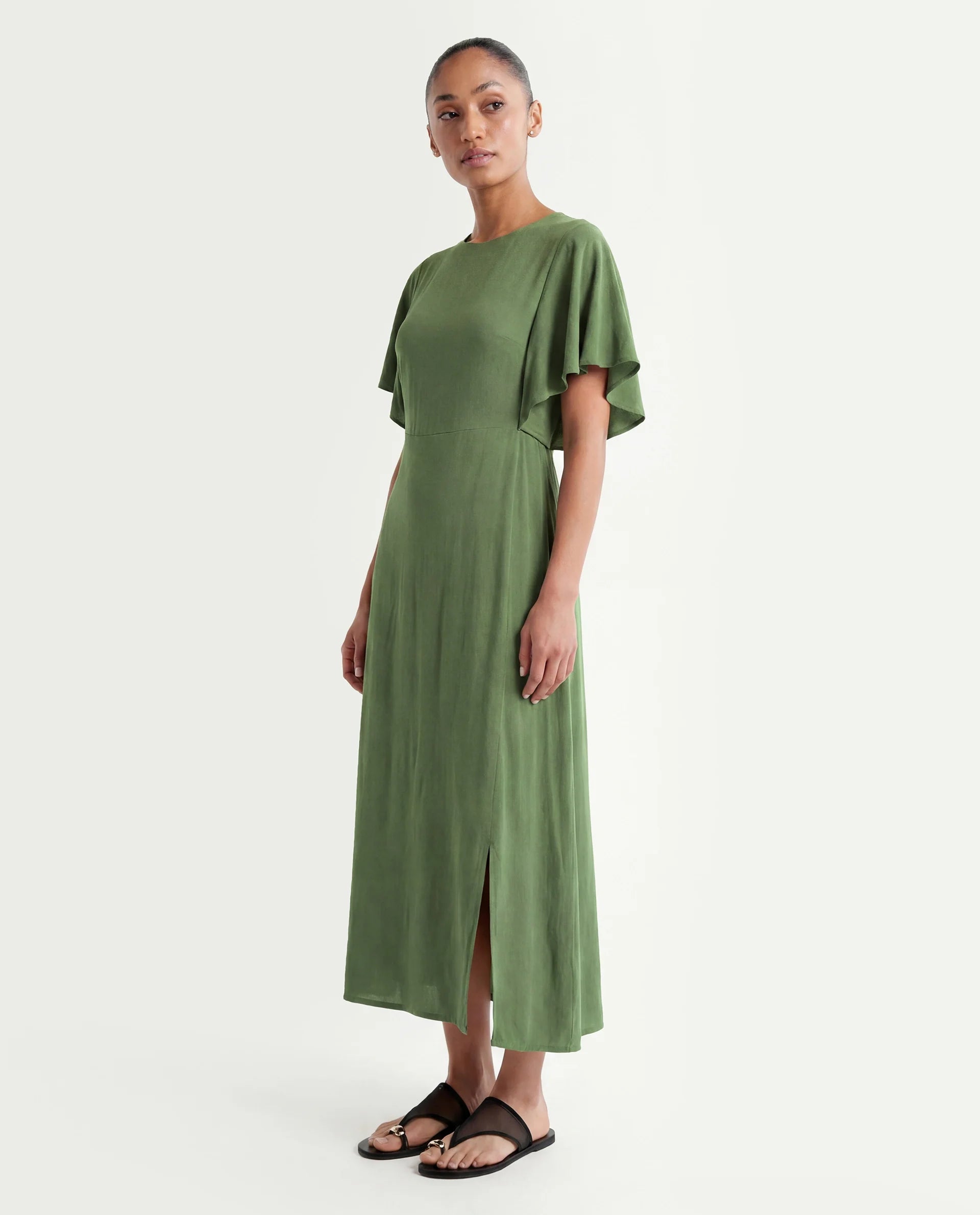 Rareism Women's Dana Green Crew Neck Plain Ruffled Sleeve Midi Fit And Flare Dress