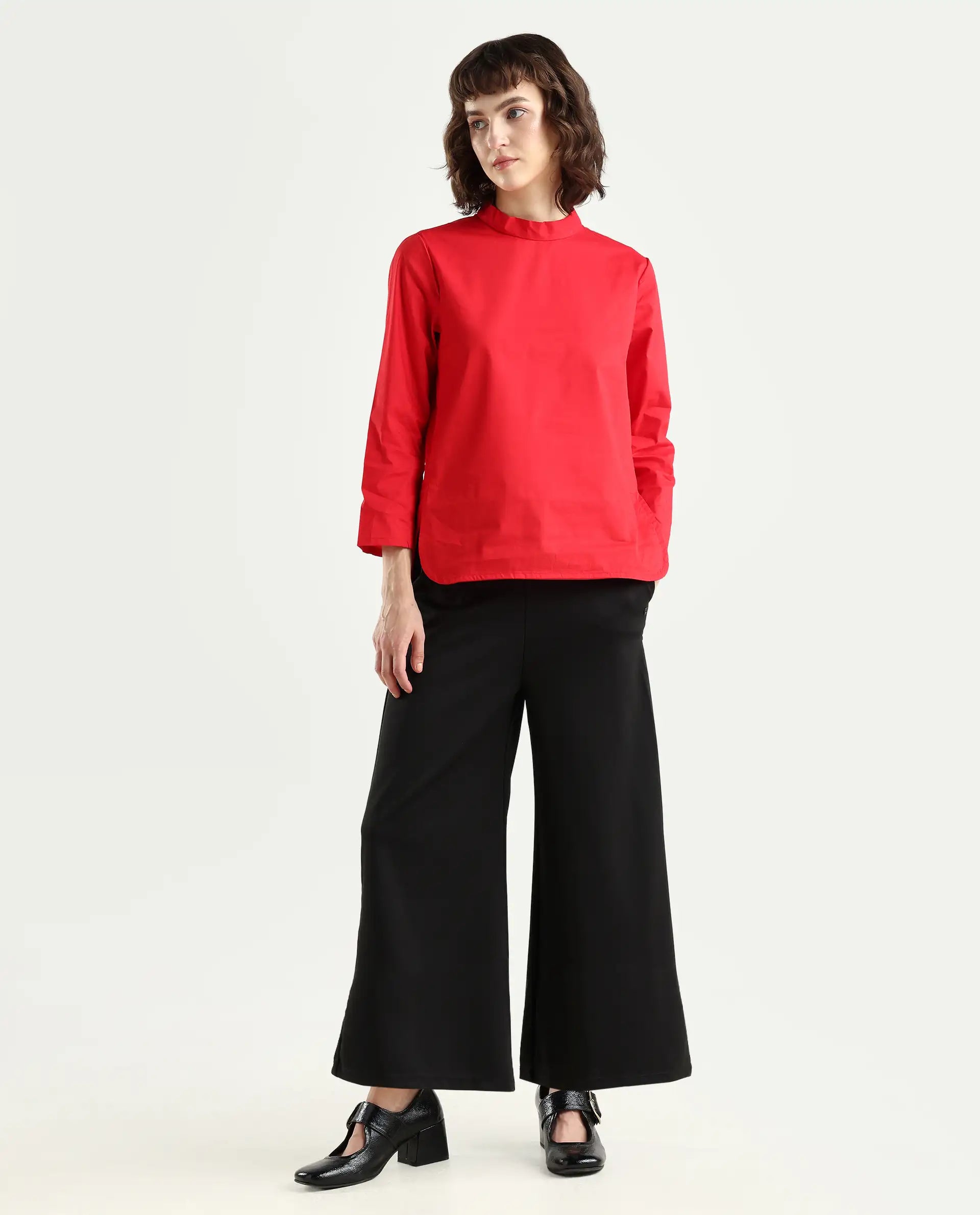 Rareism Women's Shoyo Black Polyester Plain Midi Flared Trouser