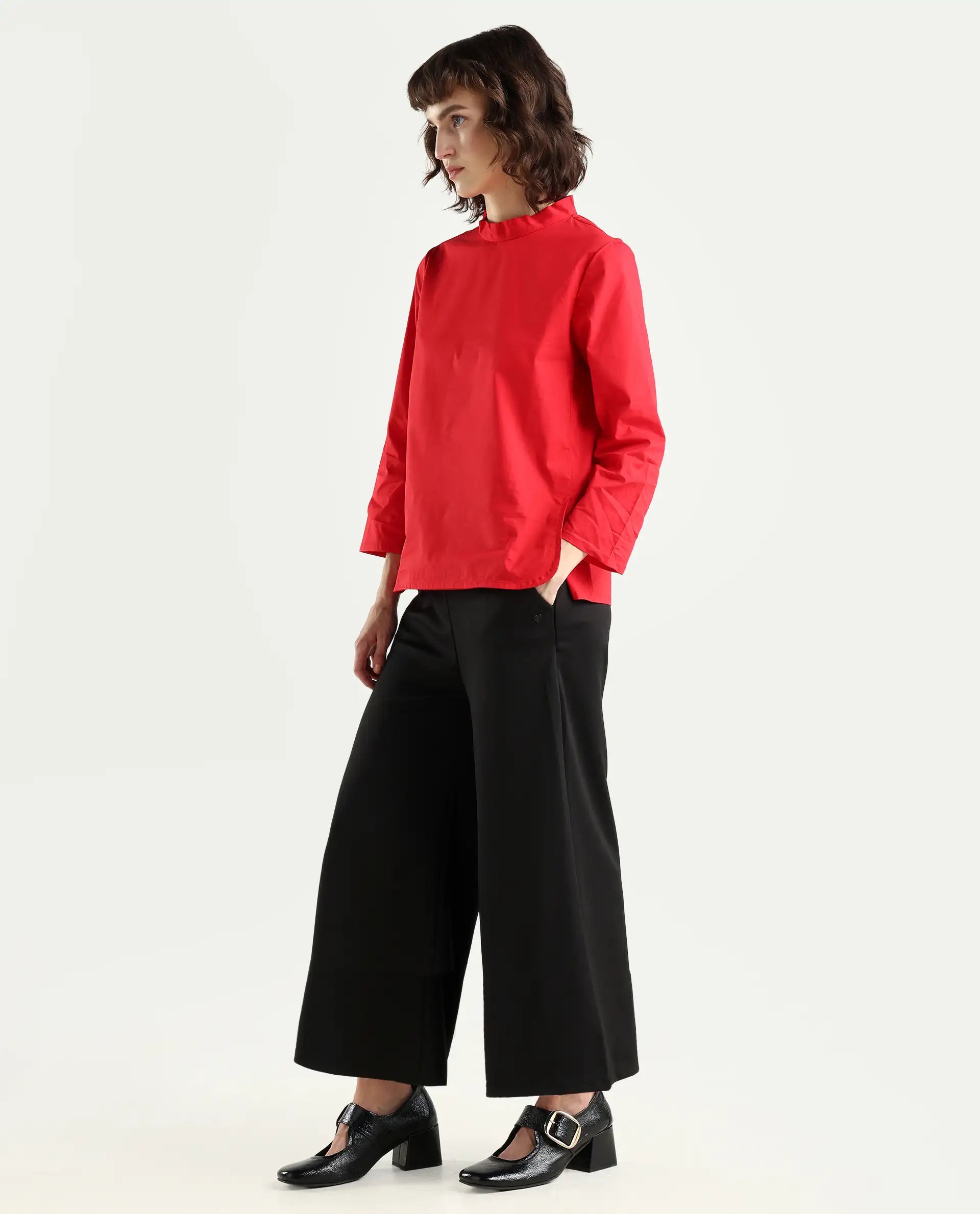 Rareism Women's Shoyo Black Polyester Plain Midi Flared Trouser