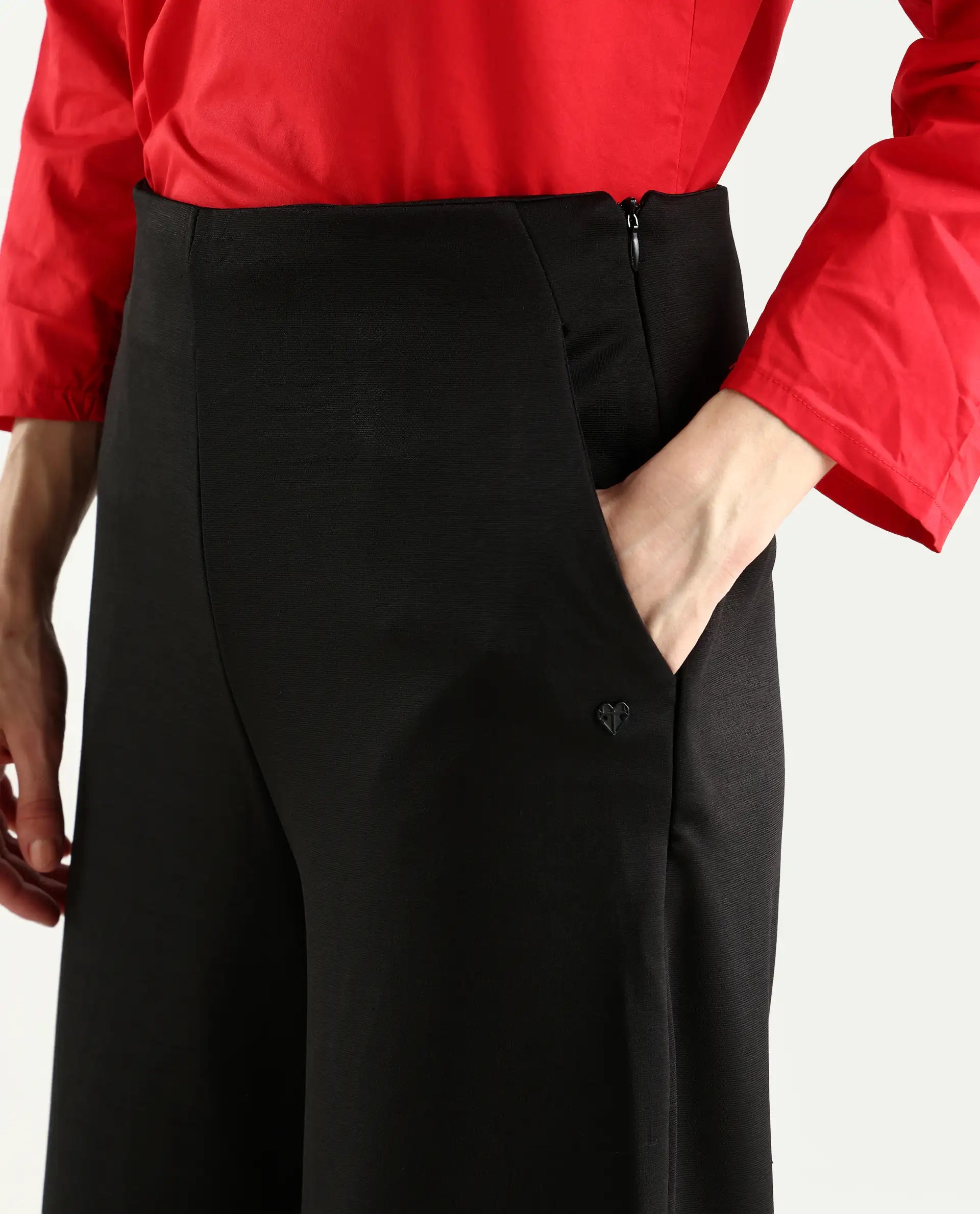 Rareism Women's Shoyo Black Polyester Plain Midi Flared Trouser