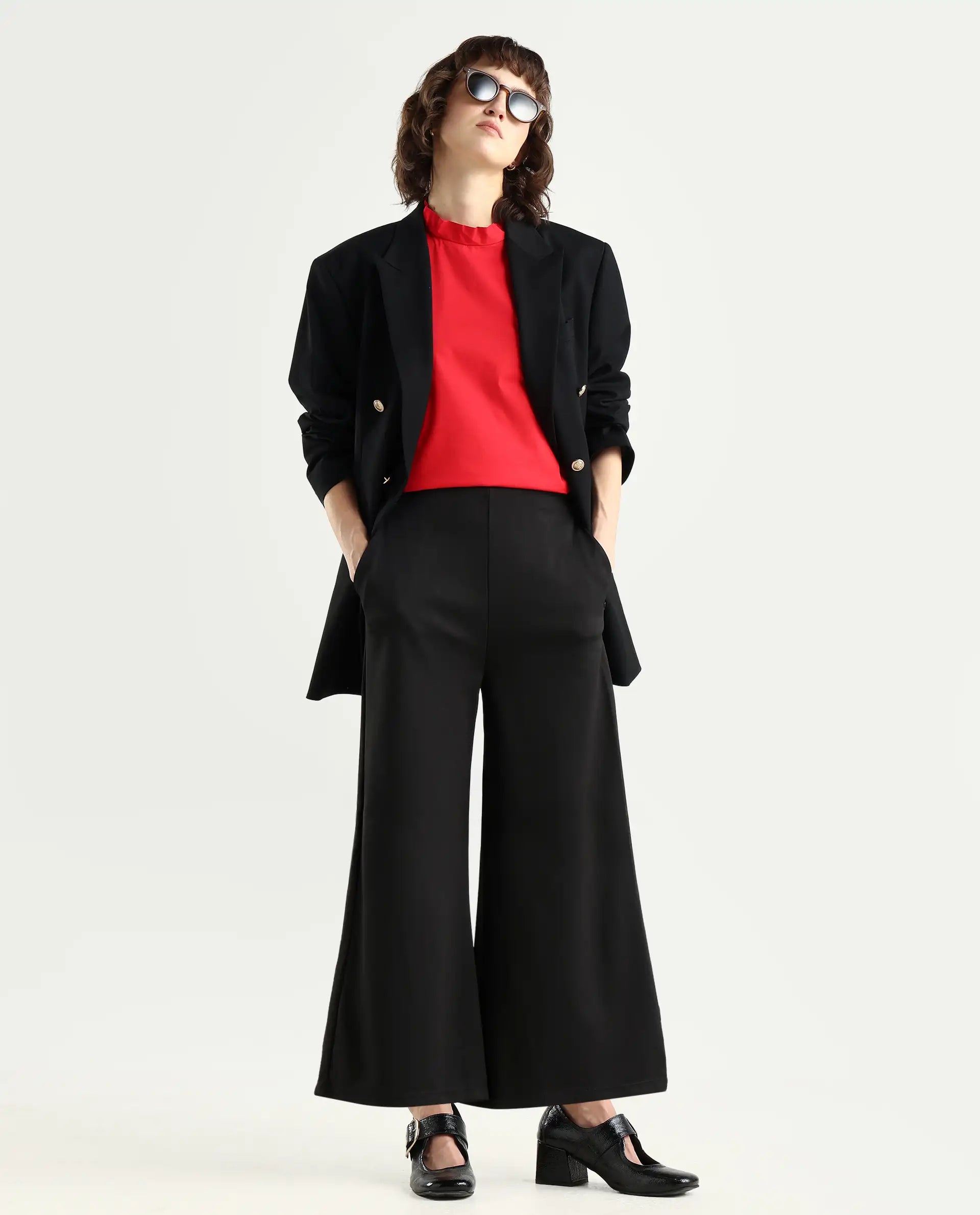 Rareism Women's Shoyo Black Polyester Plain Midi Flared Trouser