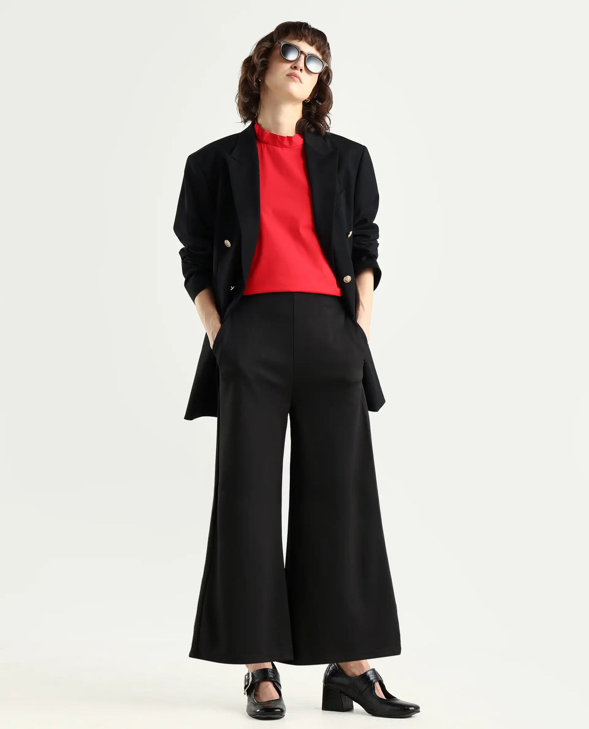 Rareism Women's Shoyo Black Polyester Plain Midi Flared Trouser