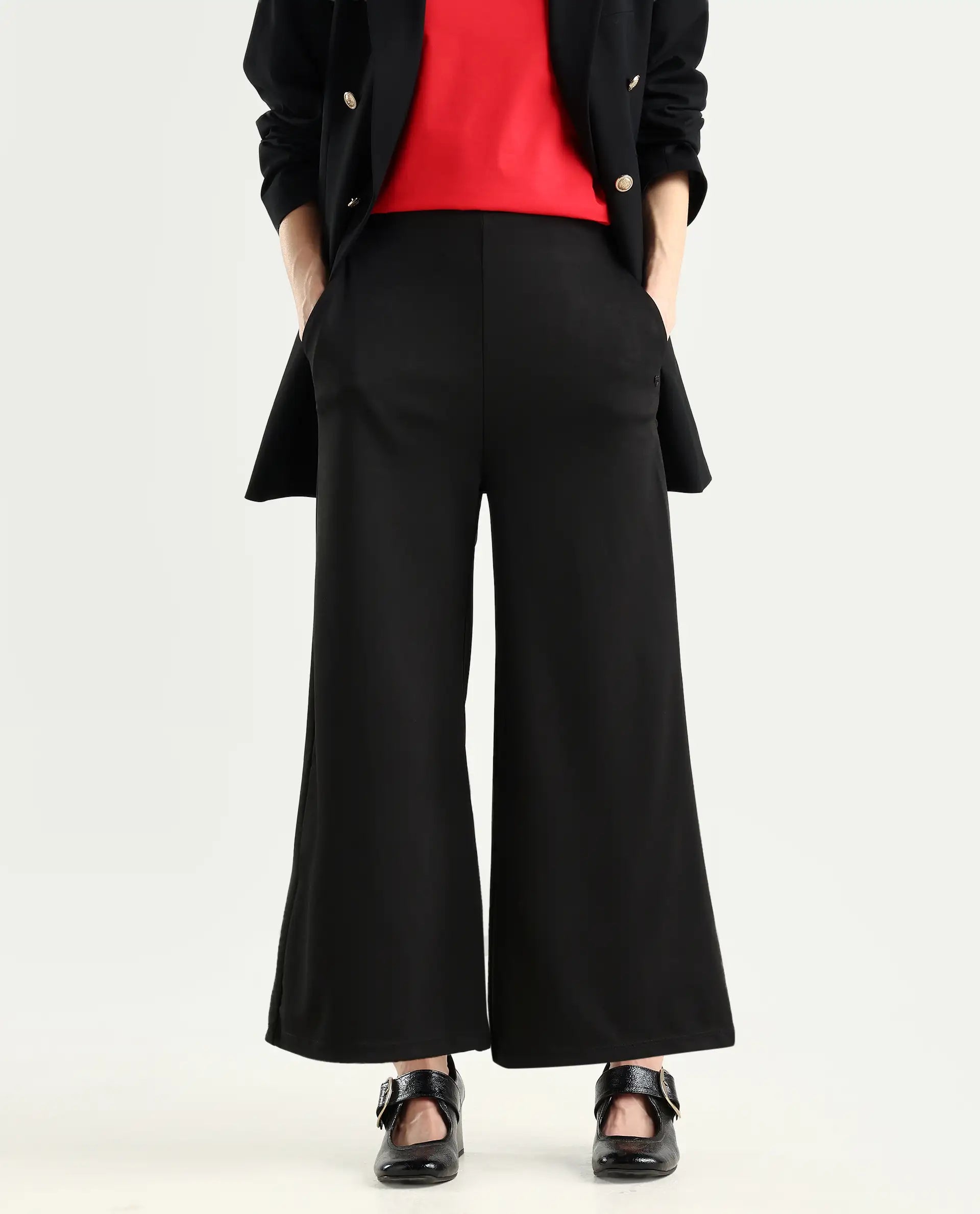 Rareism Women's Shoyo Black Polyester Plain Midi Flared Trouser